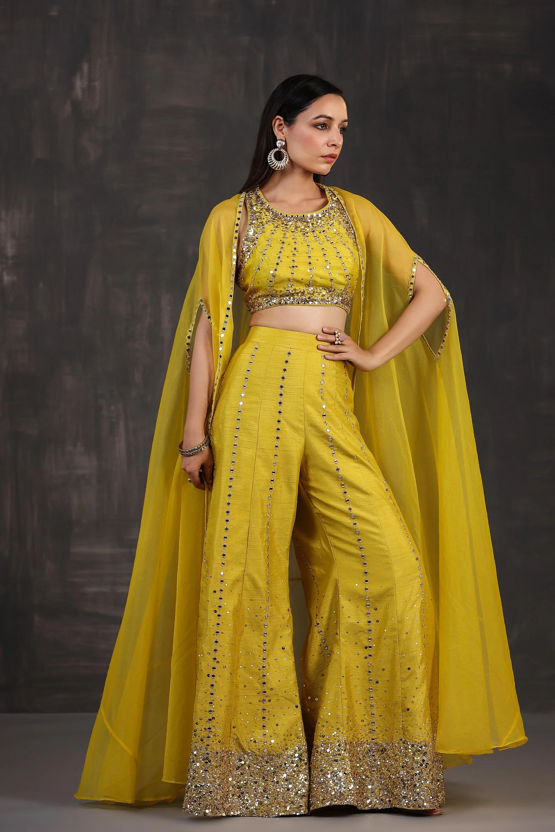 Corn Yellow Embellished Premium Organza Silk Cape Set - Image 4