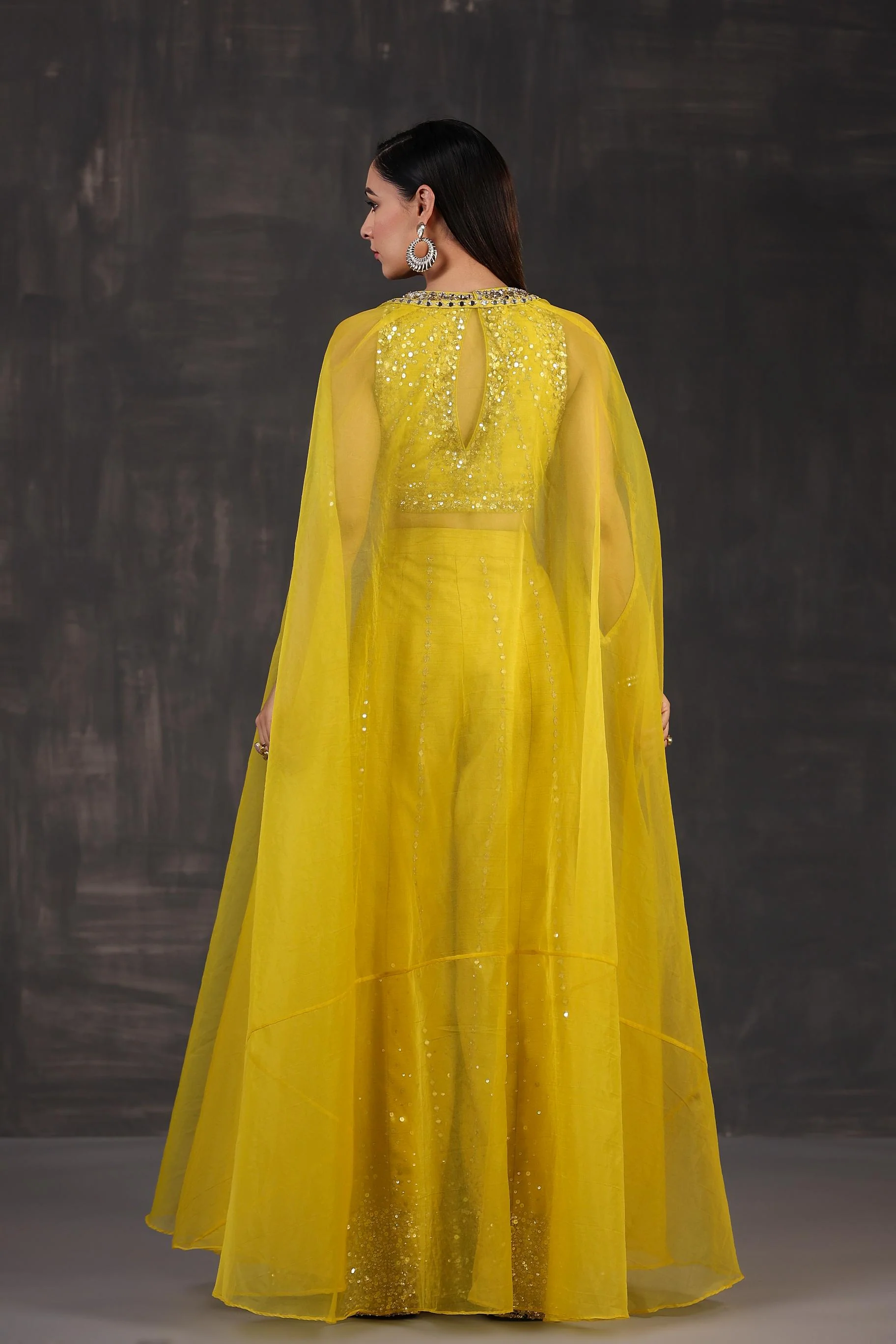 Corn Yellow Embellished Premium Organza Silk Cape Set - Image 5