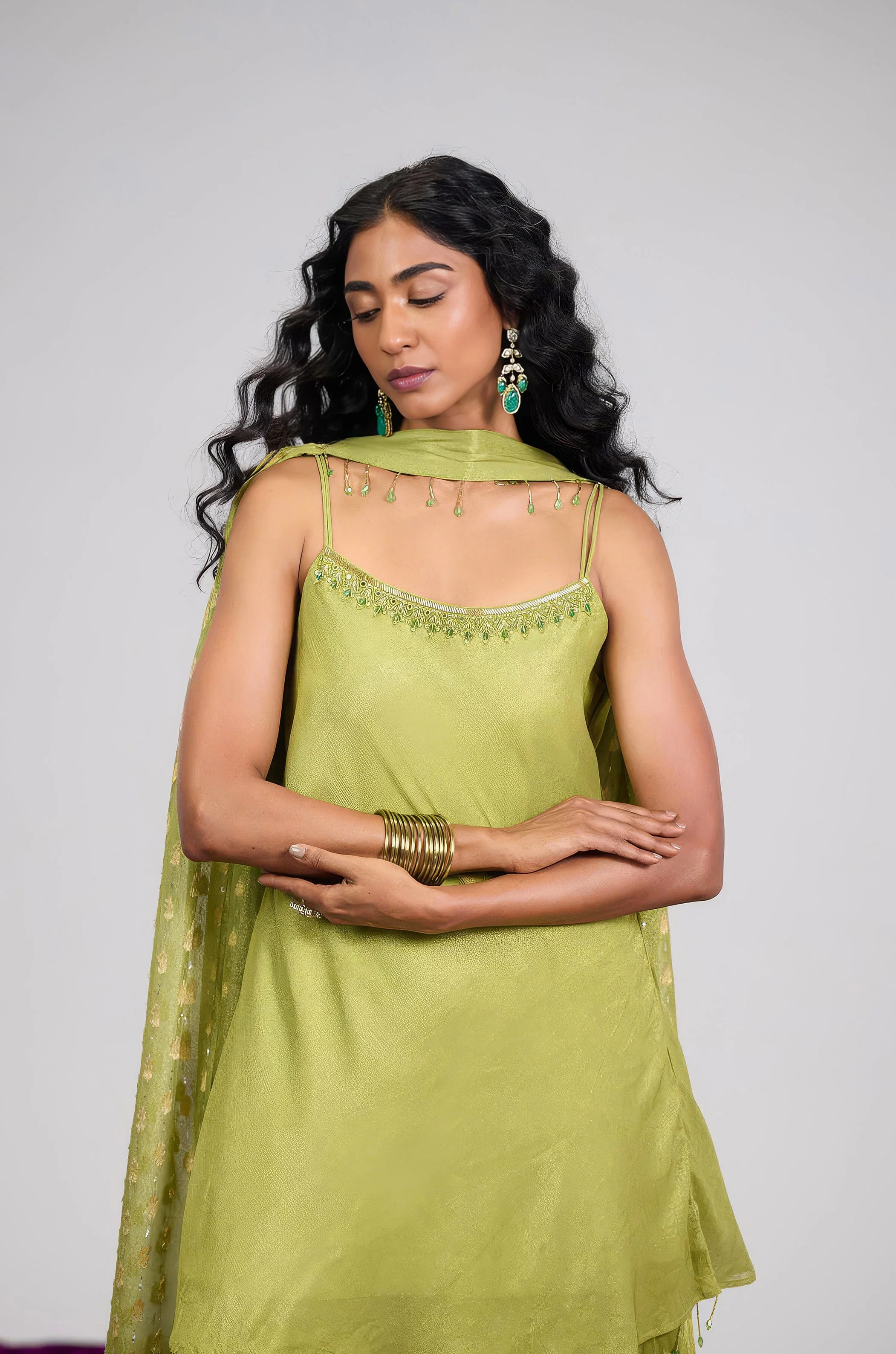 Pear Green Embellished Shimmer Tissue Silk Palazzo Set - Image 2