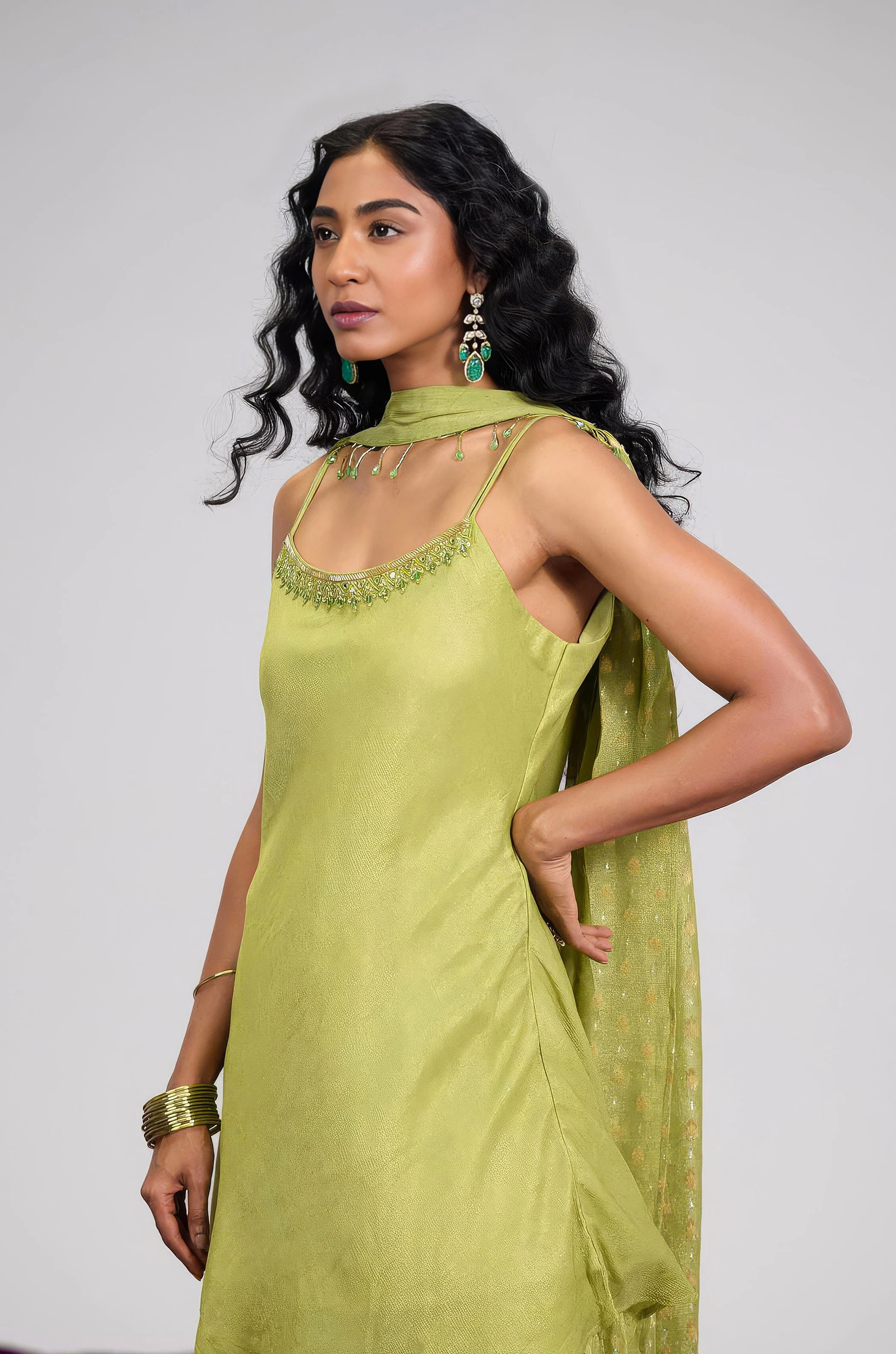 Pear Green Embellished Shimmer Tissue Silk Palazzo Set - Image 3