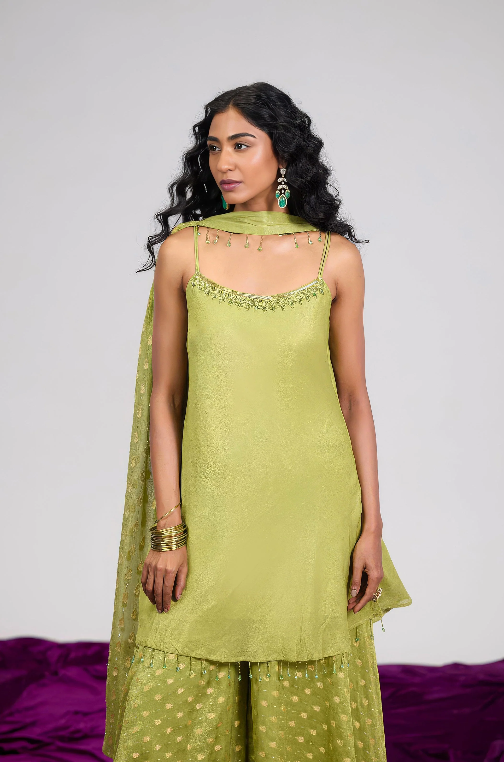 Pear Green Embellished Shimmer Tissue Silk Palazzo Set - Image 4
