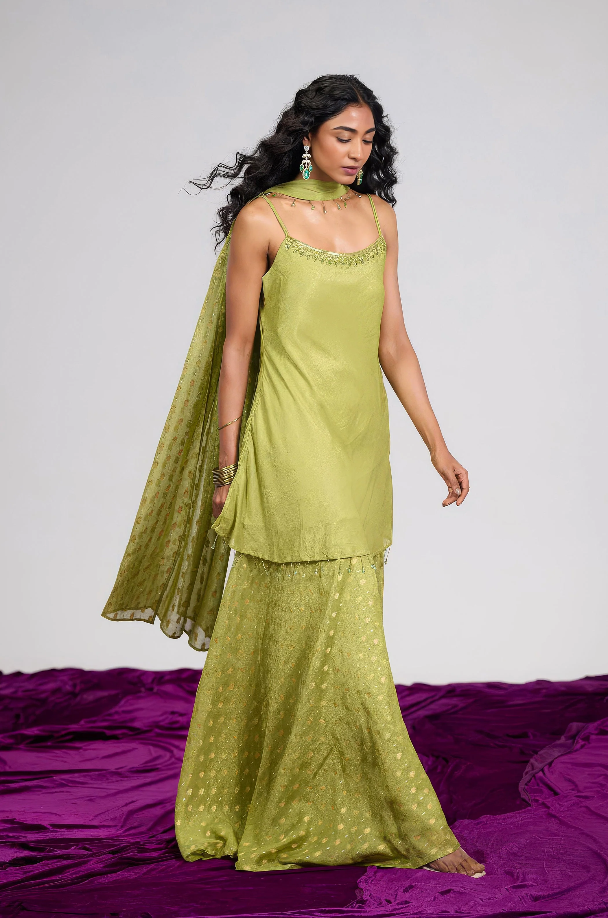 Pear Green Embellished Shimmer Tissue Silk Palazzo Set - Image 5