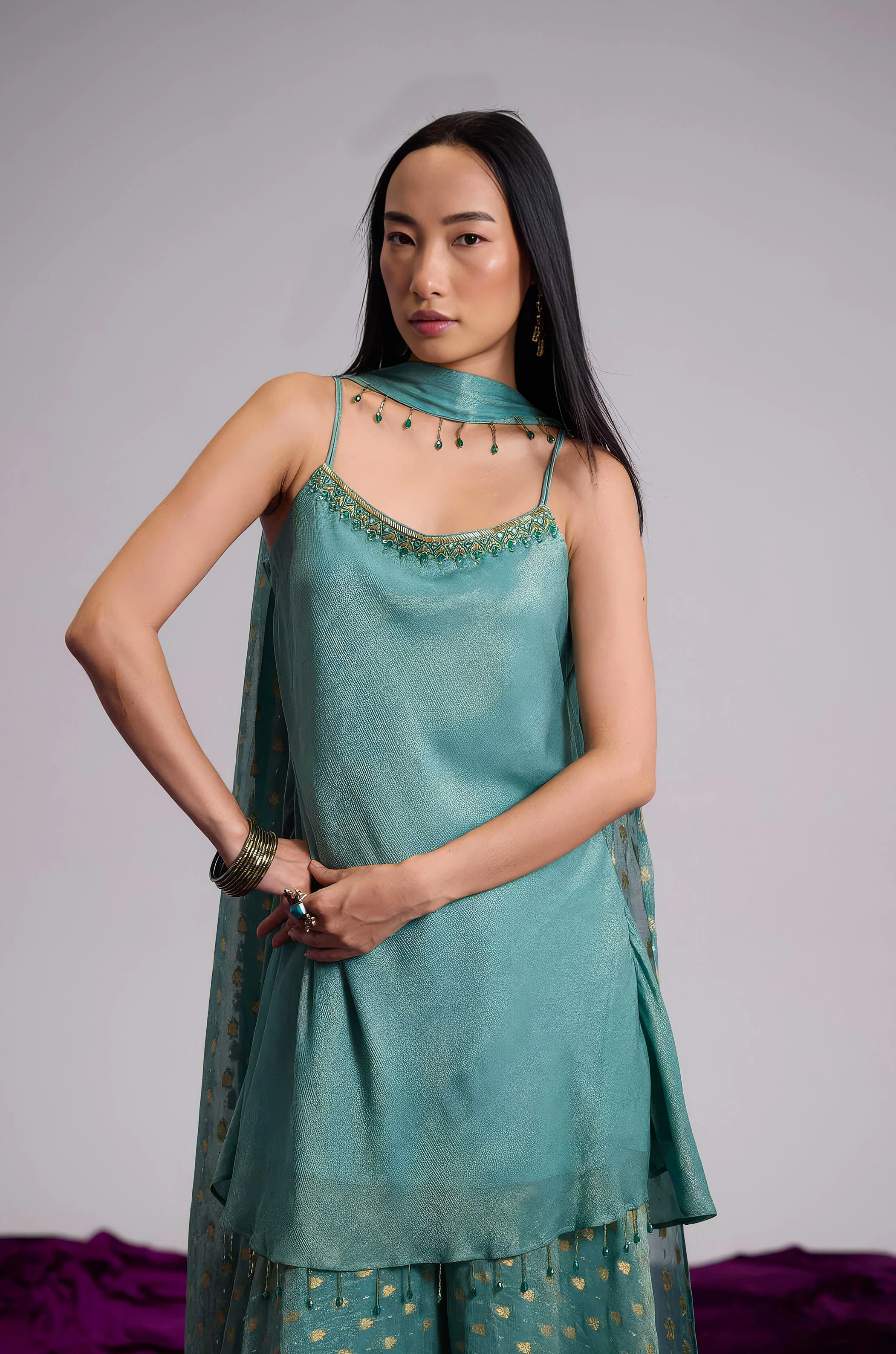 Teal Blue Embellished Shimmer Tissue Silk Palazzo Set - Image 3