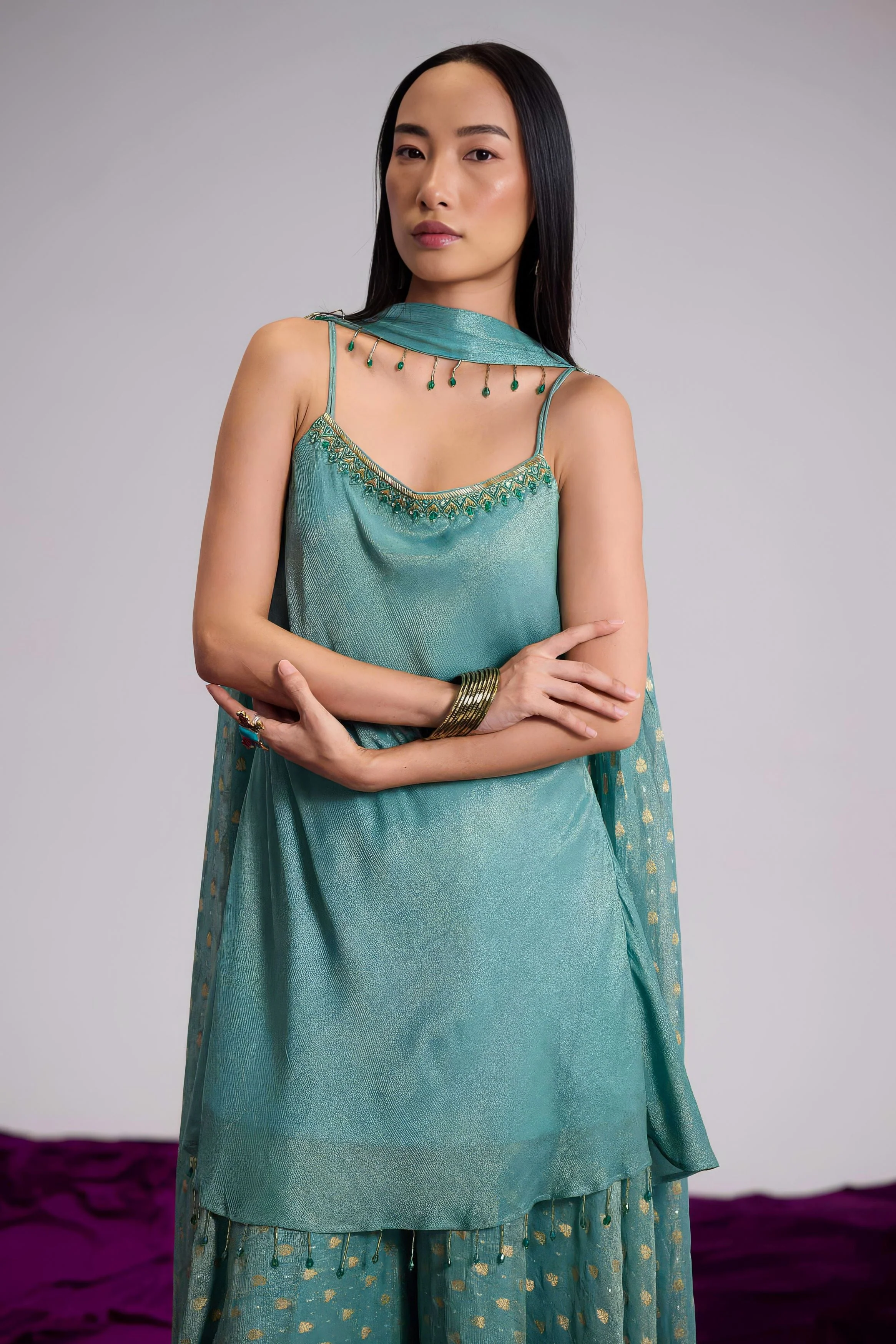 Teal Blue Embellished Shimmer Tissue Silk Palazzo Set - Image 4