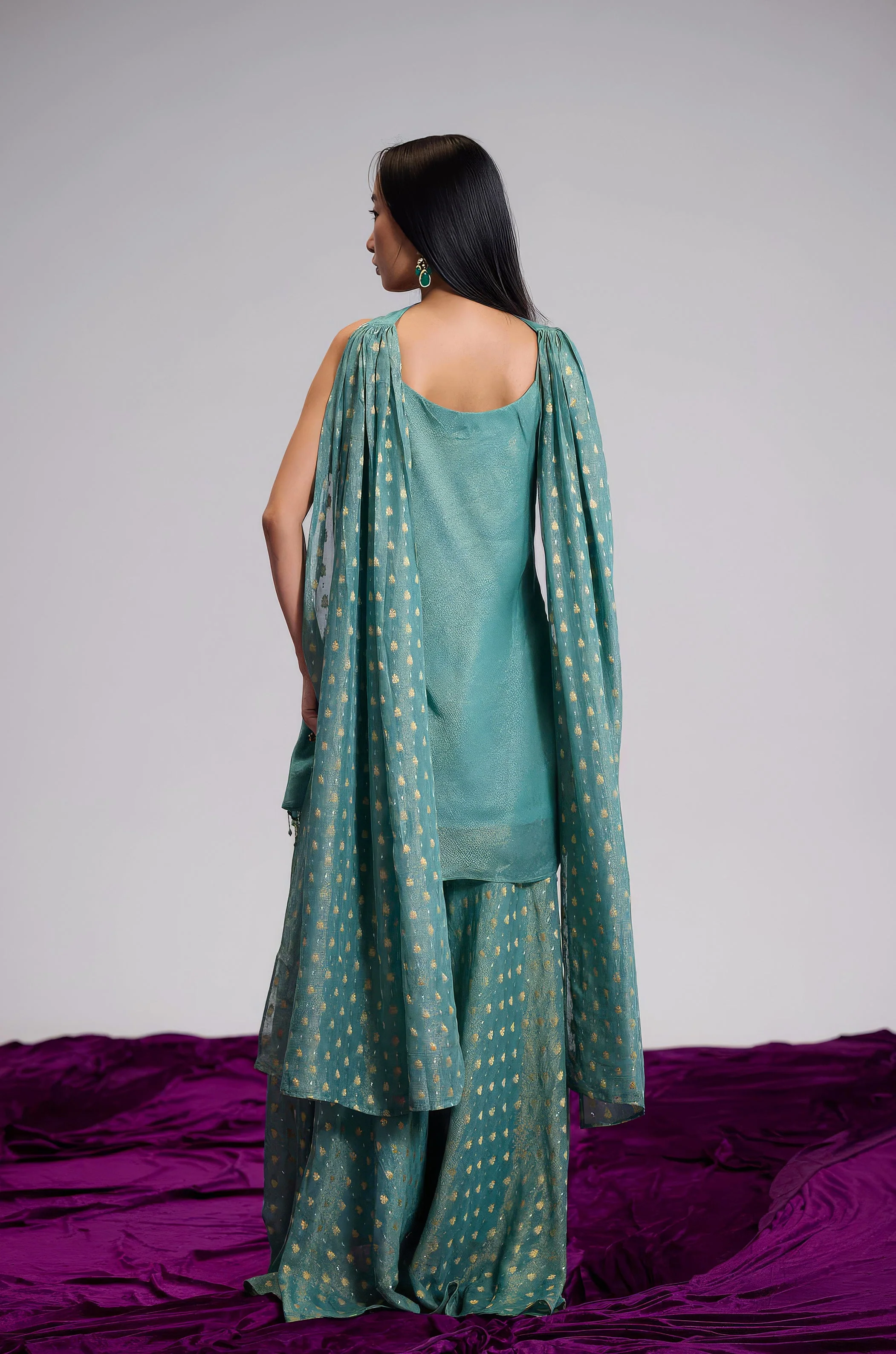 Teal Blue Embellished Shimmer Tissue Silk Palazzo Set - Image 5