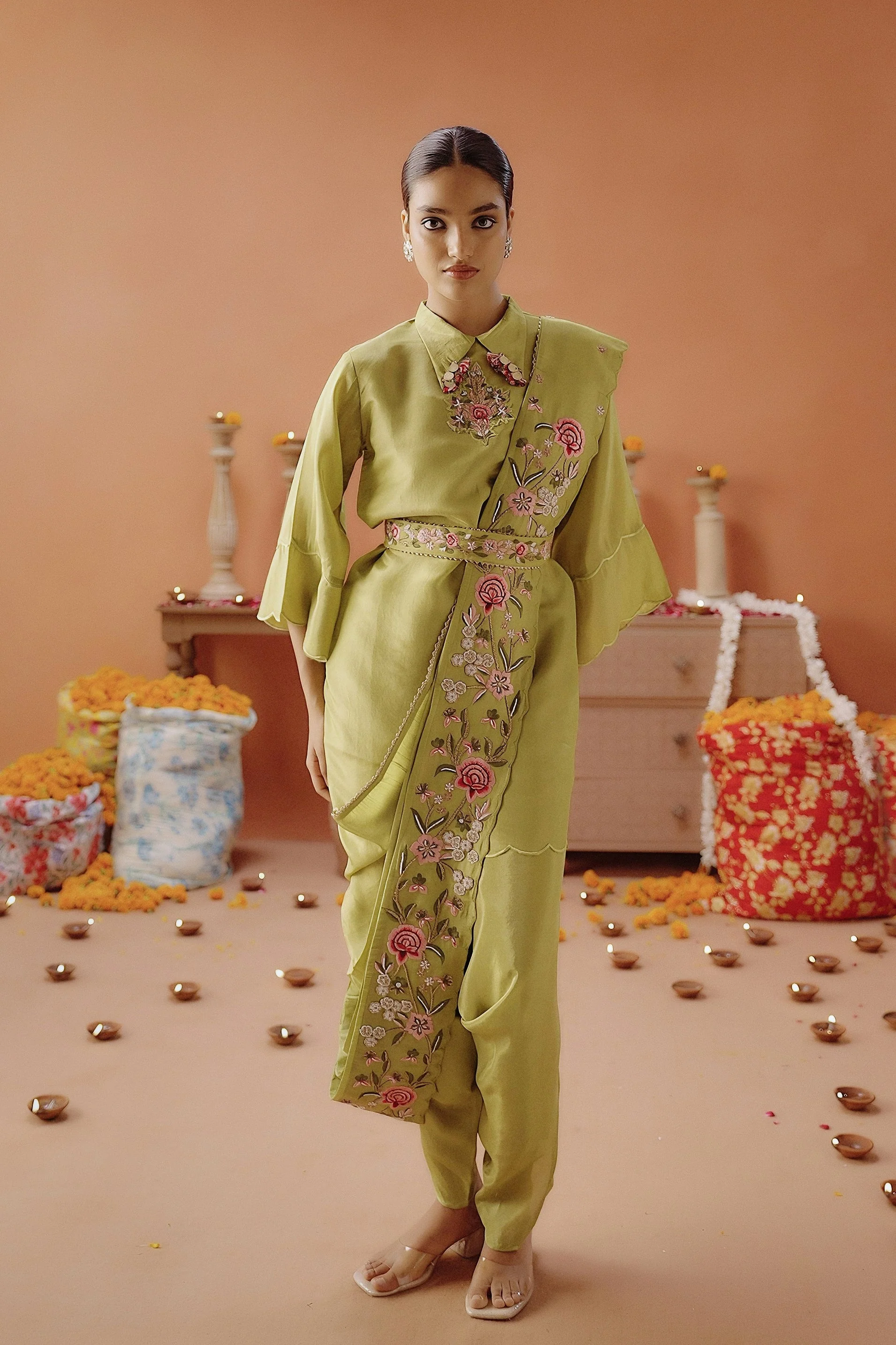 Lime Green Embellished Shimmer Tissue Silk Tunic Set