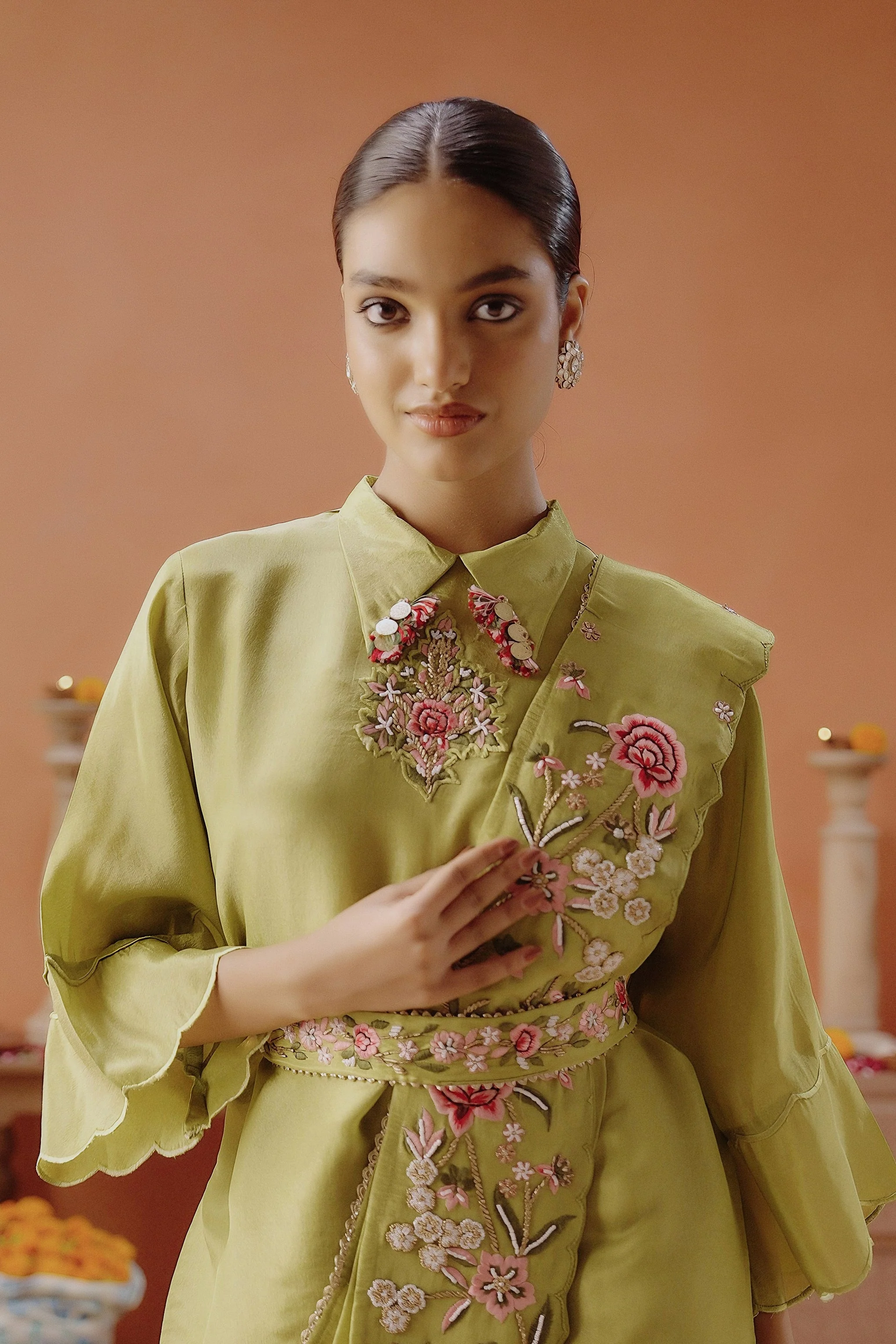 Lime Green Embellished Shimmer Tissue Silk Tunic Set - Image 2