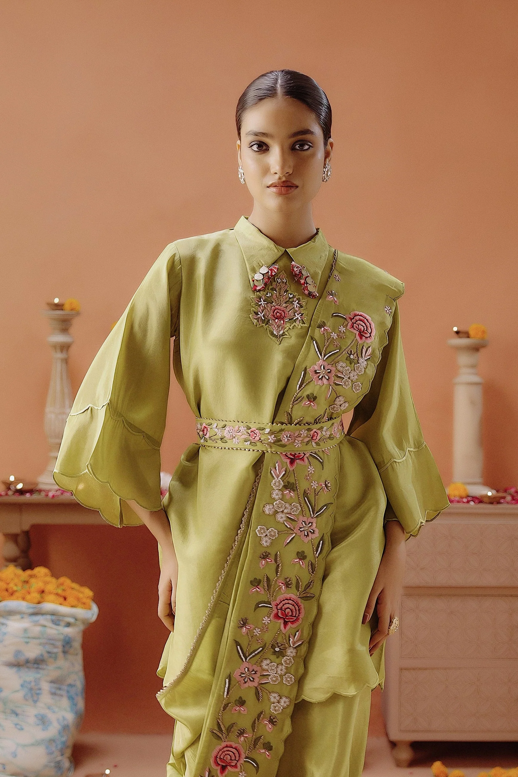 Lime Green Embellished Shimmer Tissue Silk Tunic Set - Image 3