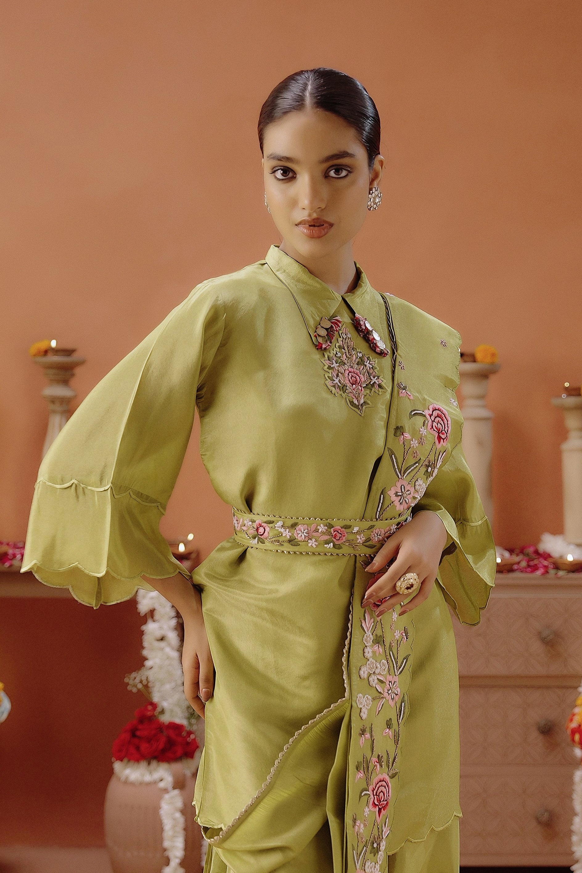 Lime Green Embellished Shimmer Tissue Silk Tunic Set - Image 4