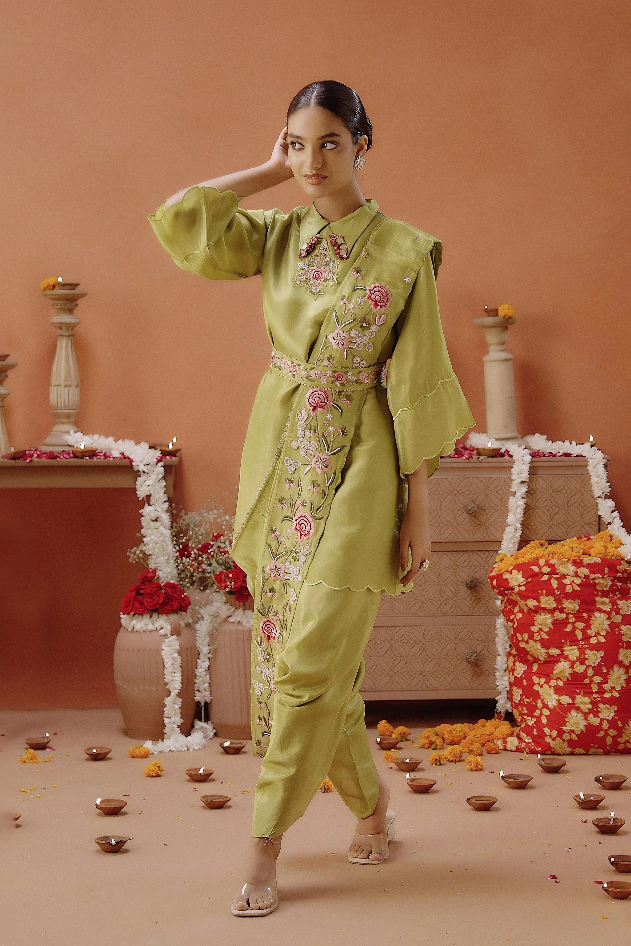 Lime Green Embellished Shimmer Tissue Silk Tunic Set - Image 5