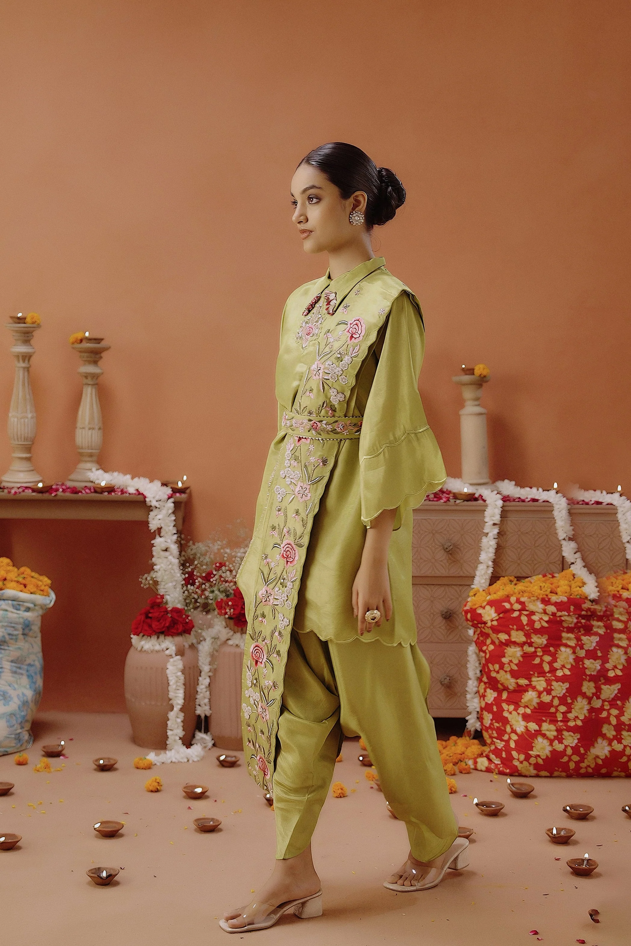 Lime Green Embellished Shimmer Tissue Silk Tunic Set - Image 6