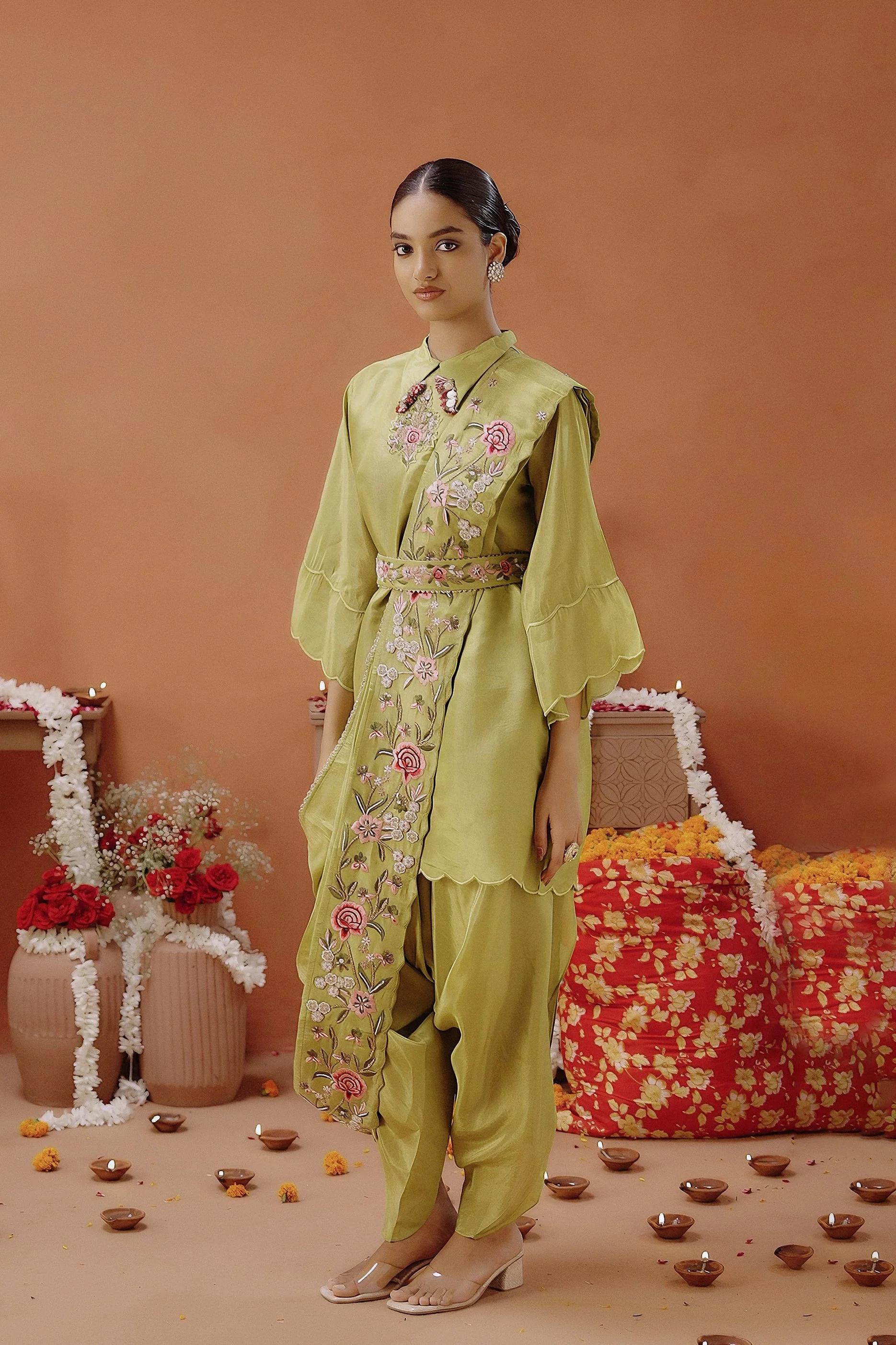 Lime Green Embellished Shimmer Tissue Silk Tunic Set - Image 7
