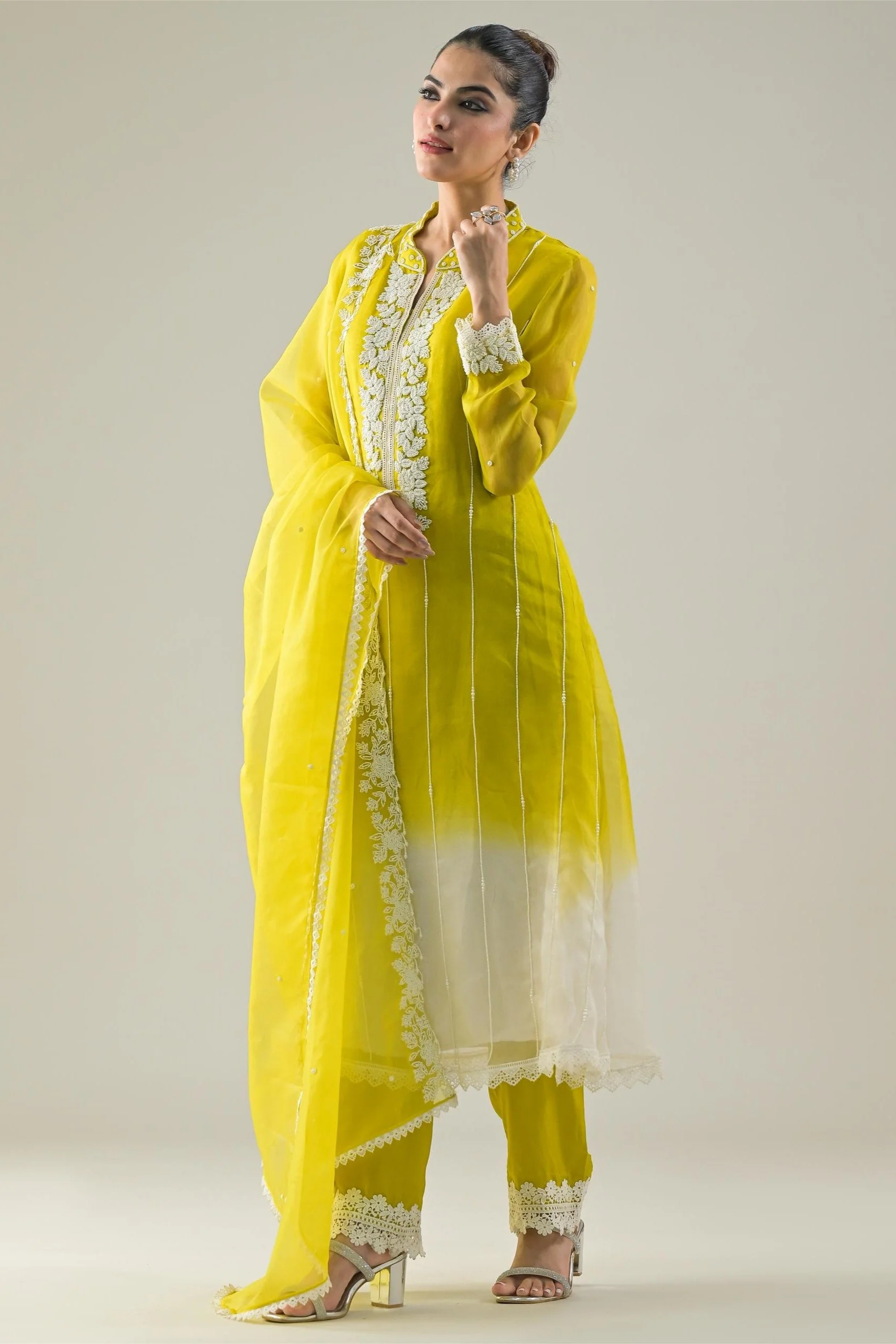 Pear Green Embellished Tissue Silk Pants Set - Image 4