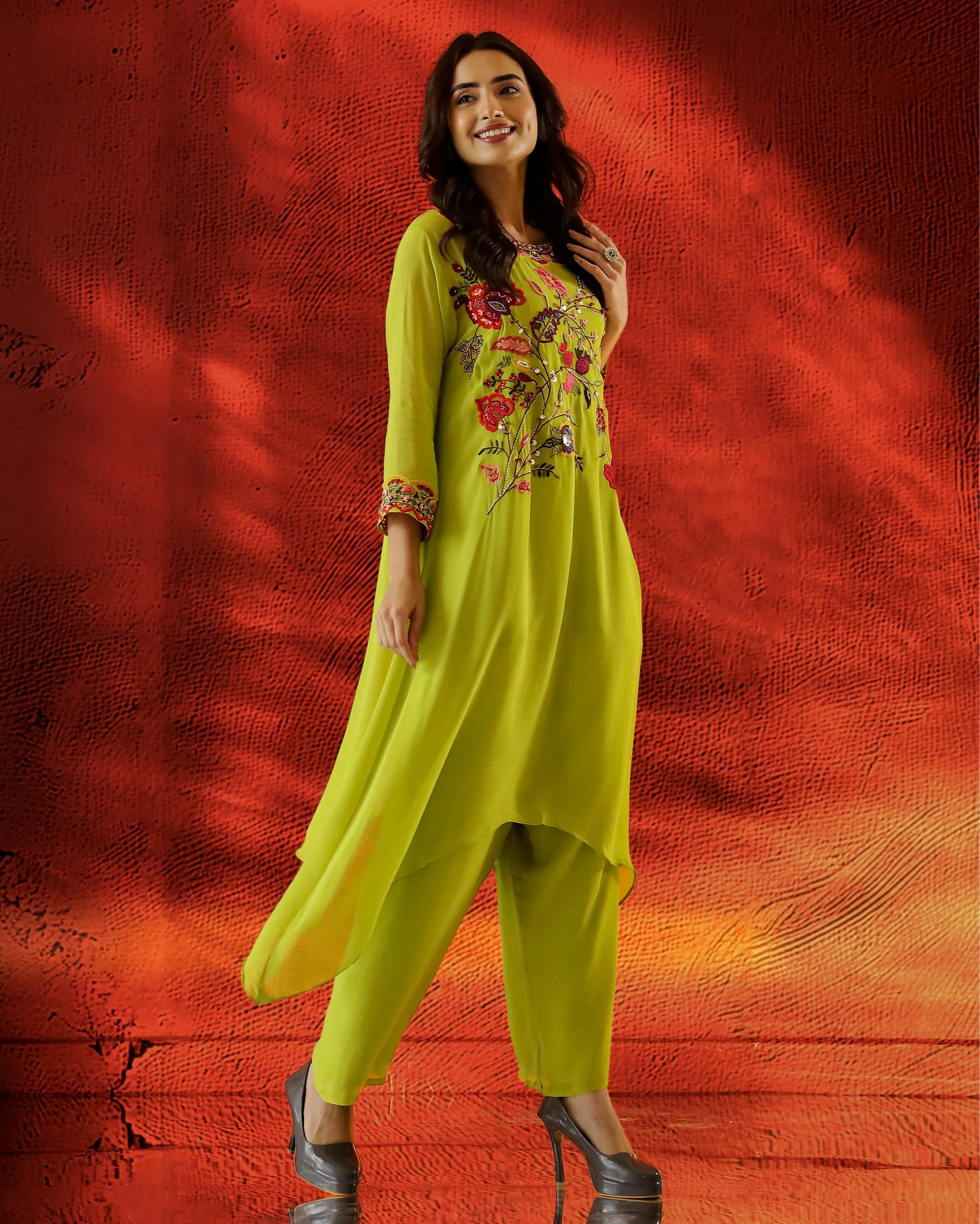 Pear Green Embroidered Georgette Kurta Set - Image 3