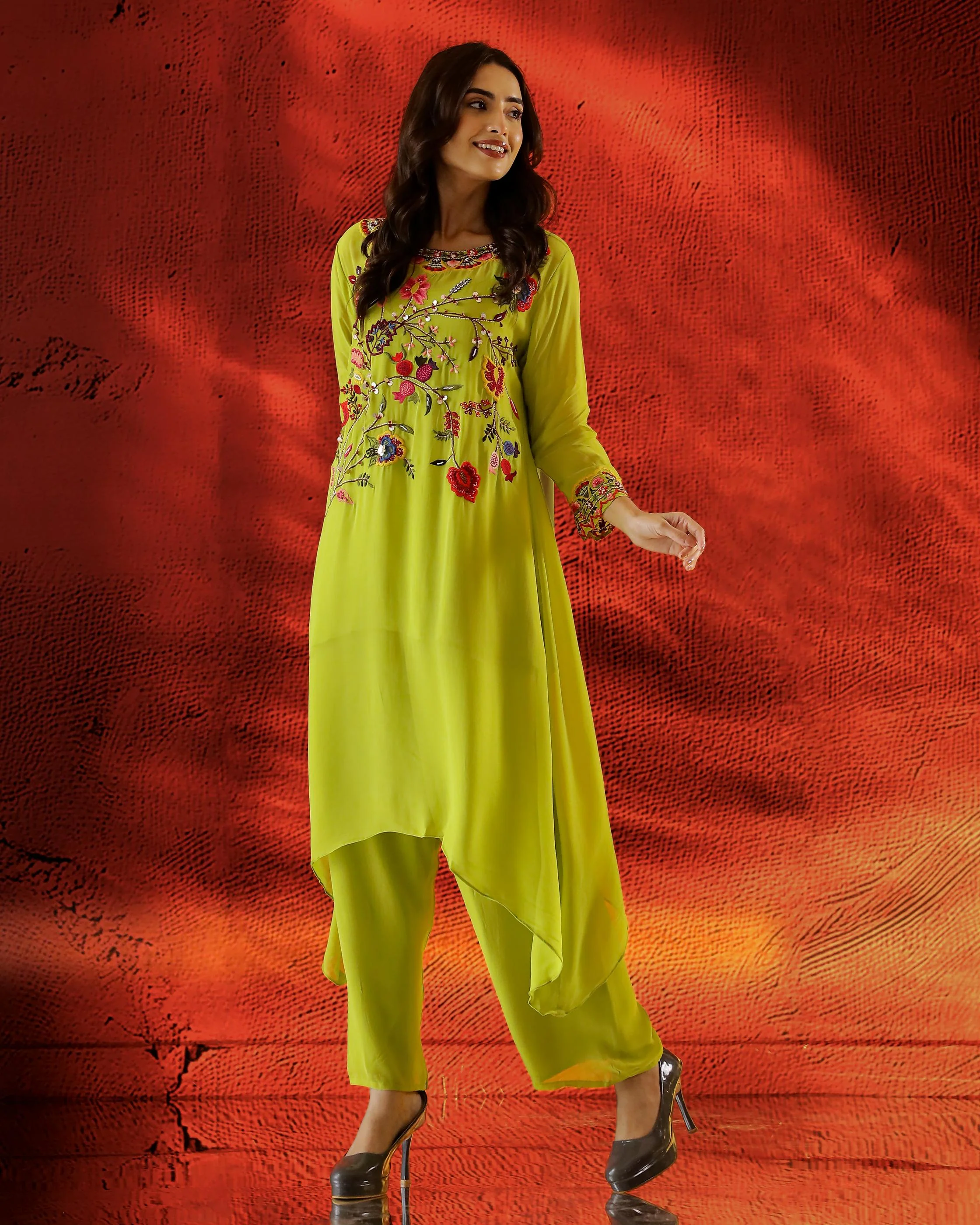 Pear Green Embroidered Georgette Kurta Set - Image 4