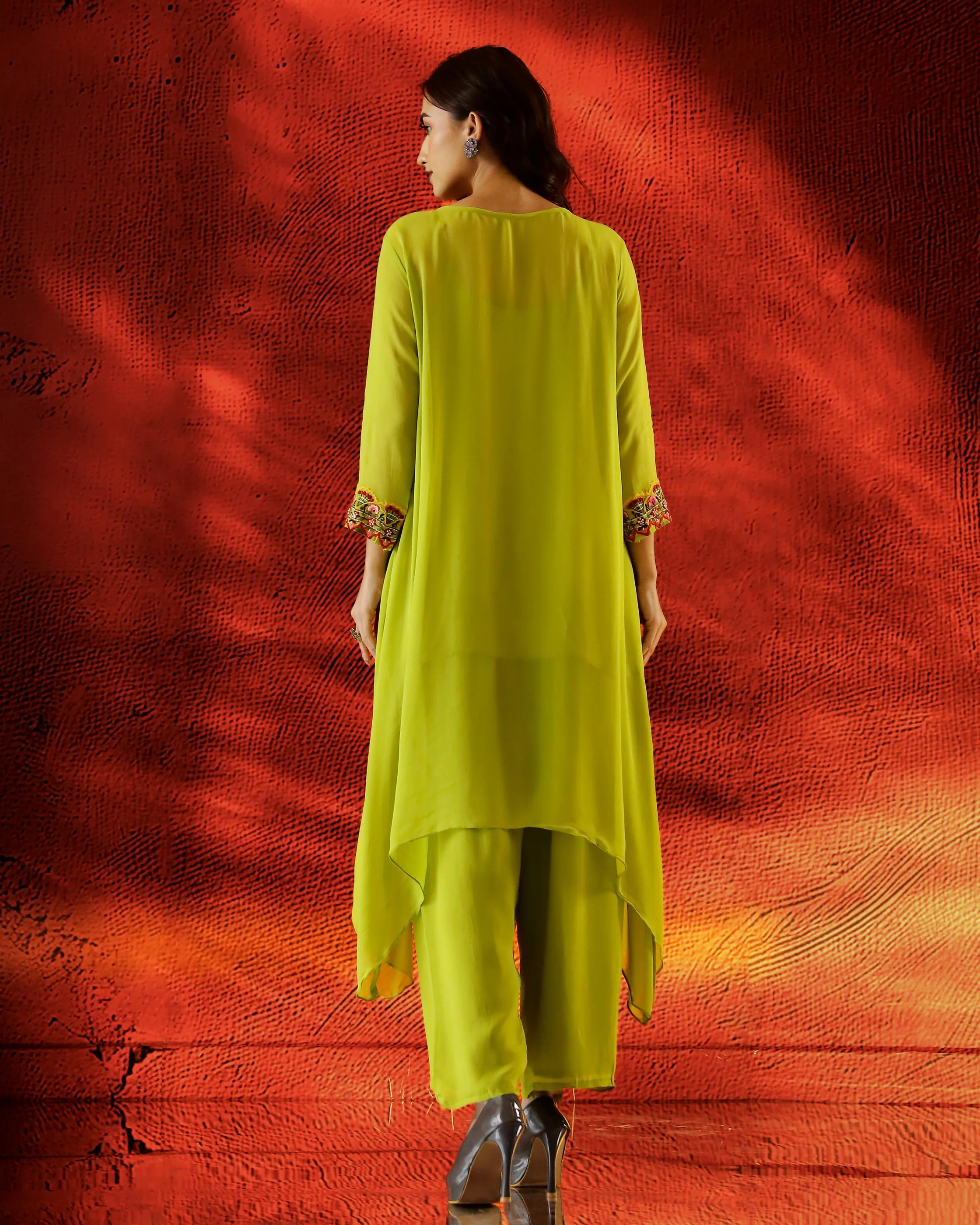 Pear Green Embroidered Georgette Kurta Set - Image 5