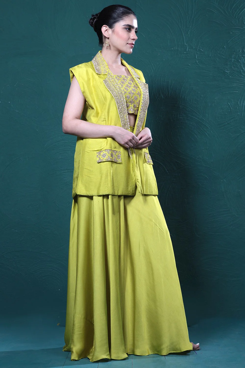 Pear Green Embroidered Jacket & Palazzo Set - Image 2