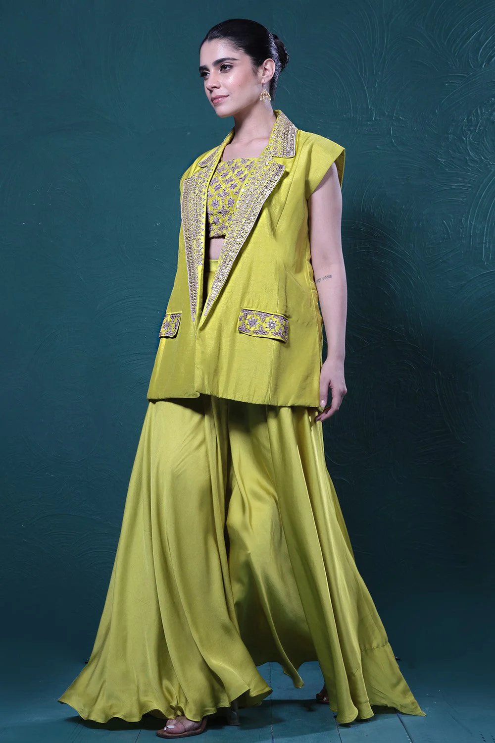 Pear Green Embroidered Jacket & Palazzo Set - Image 3