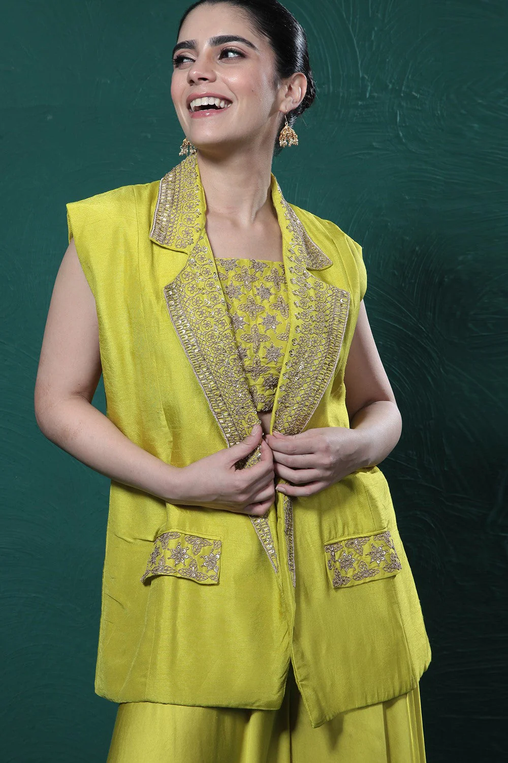 Pear Green Embroidered Jacket & Palazzo Set - Image 6