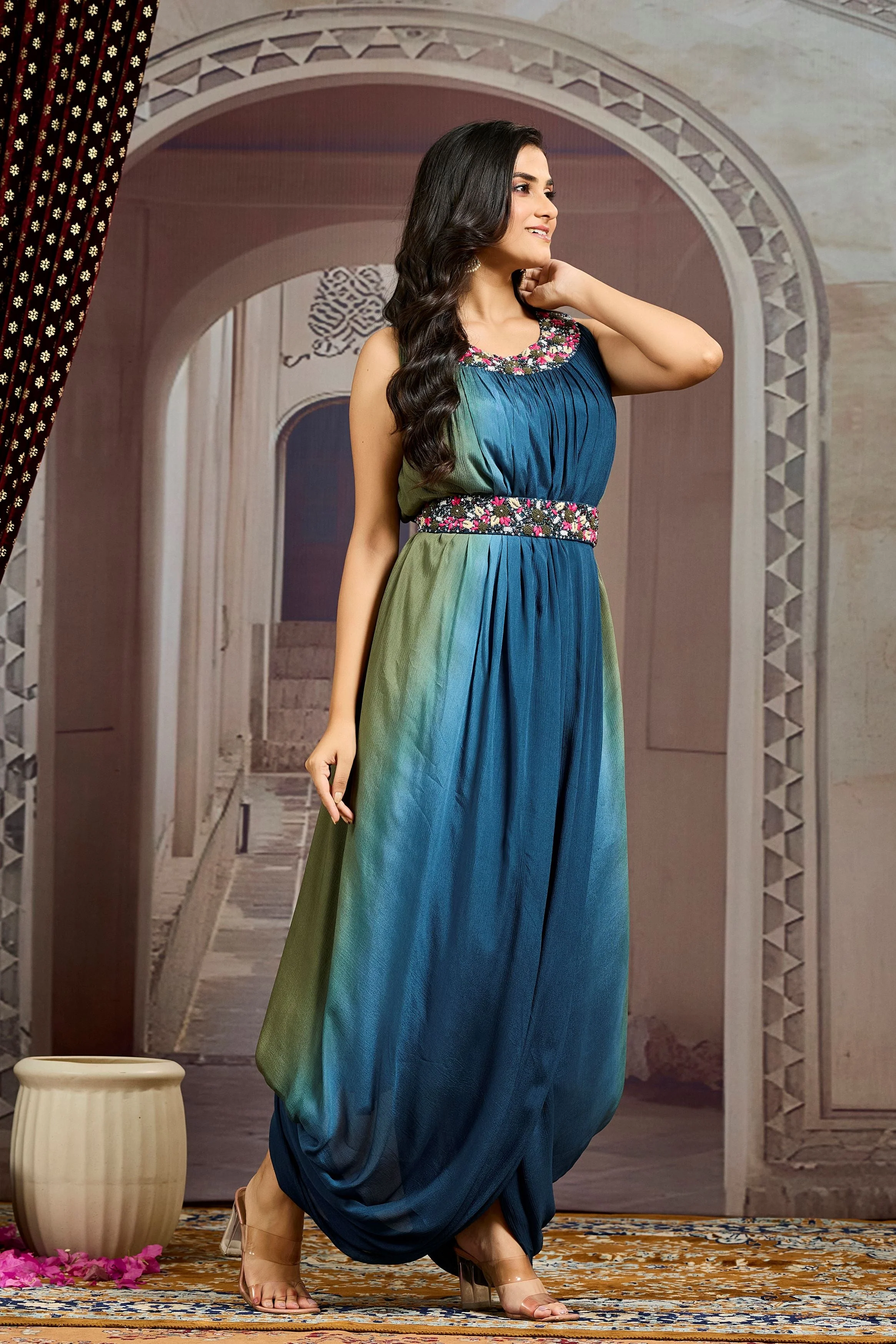 Teal Ombre-Dyed Chinon Silk Cowl Dress - Image 3