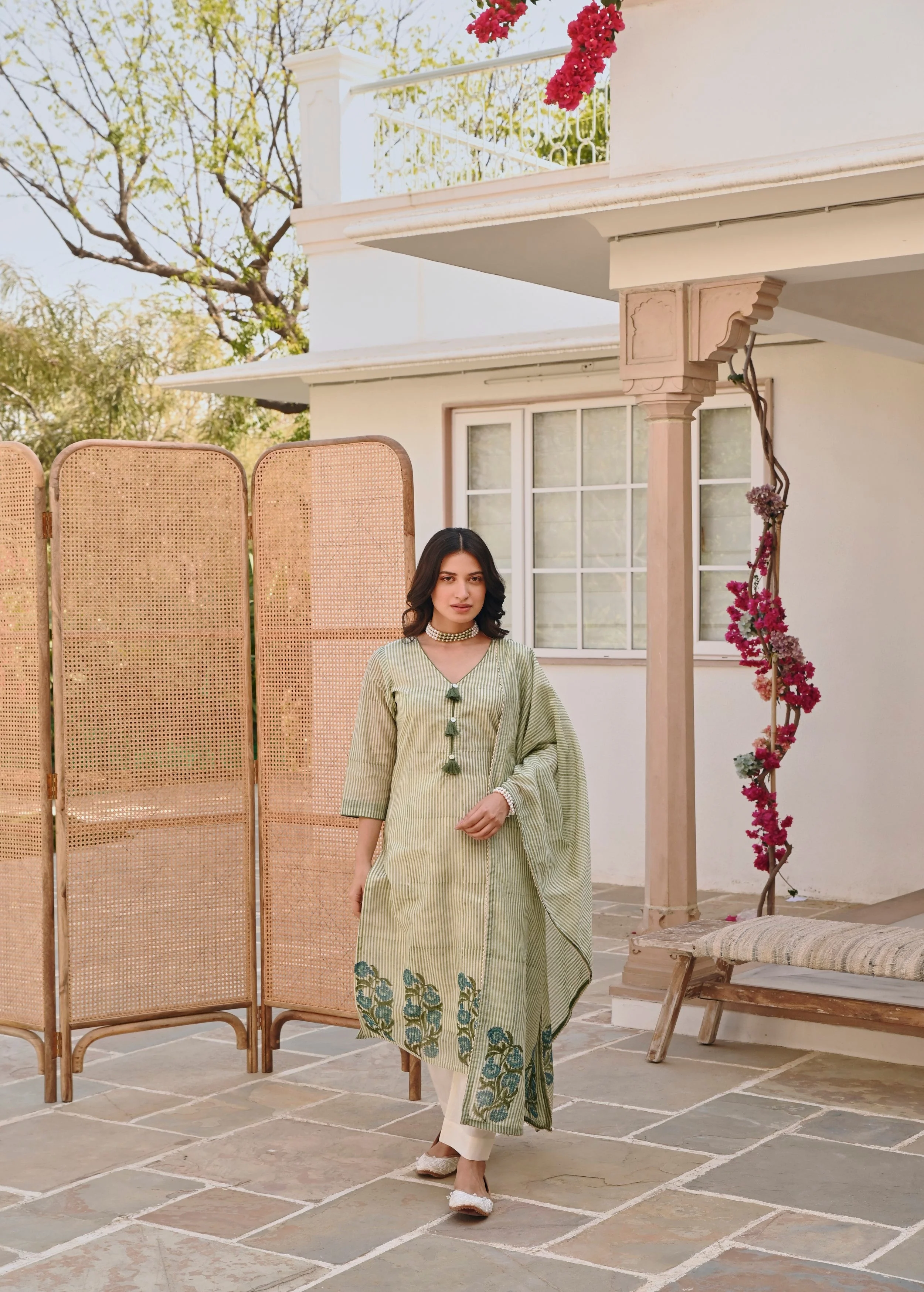 Pear Green Printed Chanderi Silk Pant Set - Image 4
