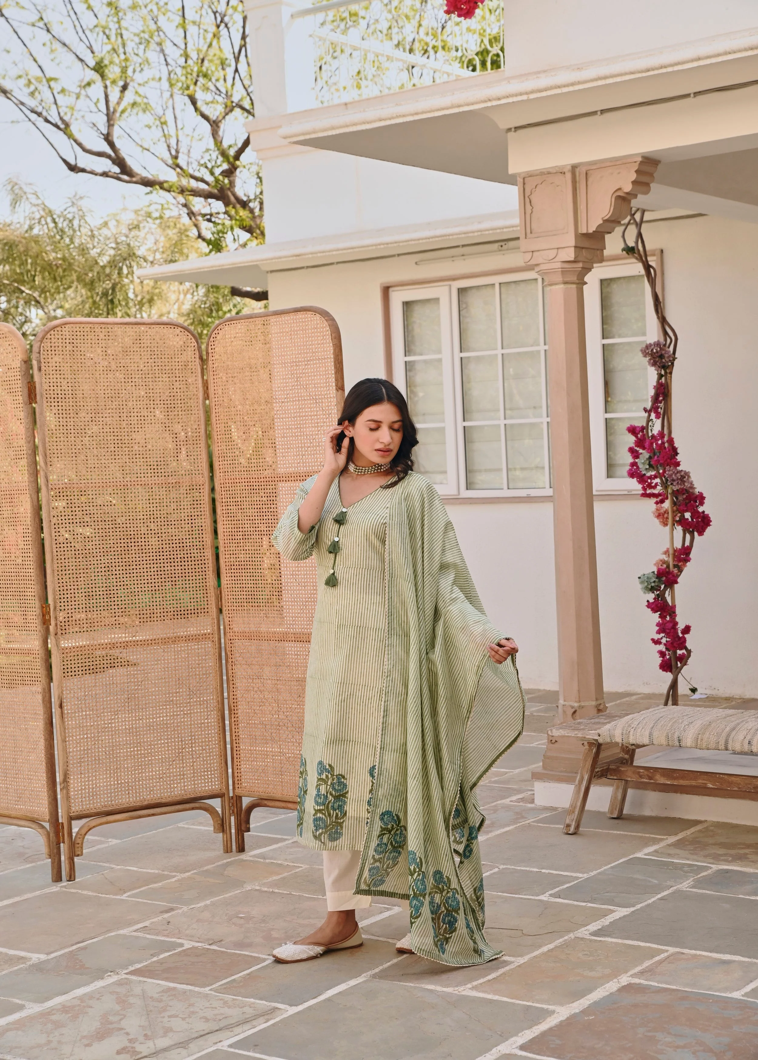 Pear Green Printed Chanderi Silk Pant Set - Image 5