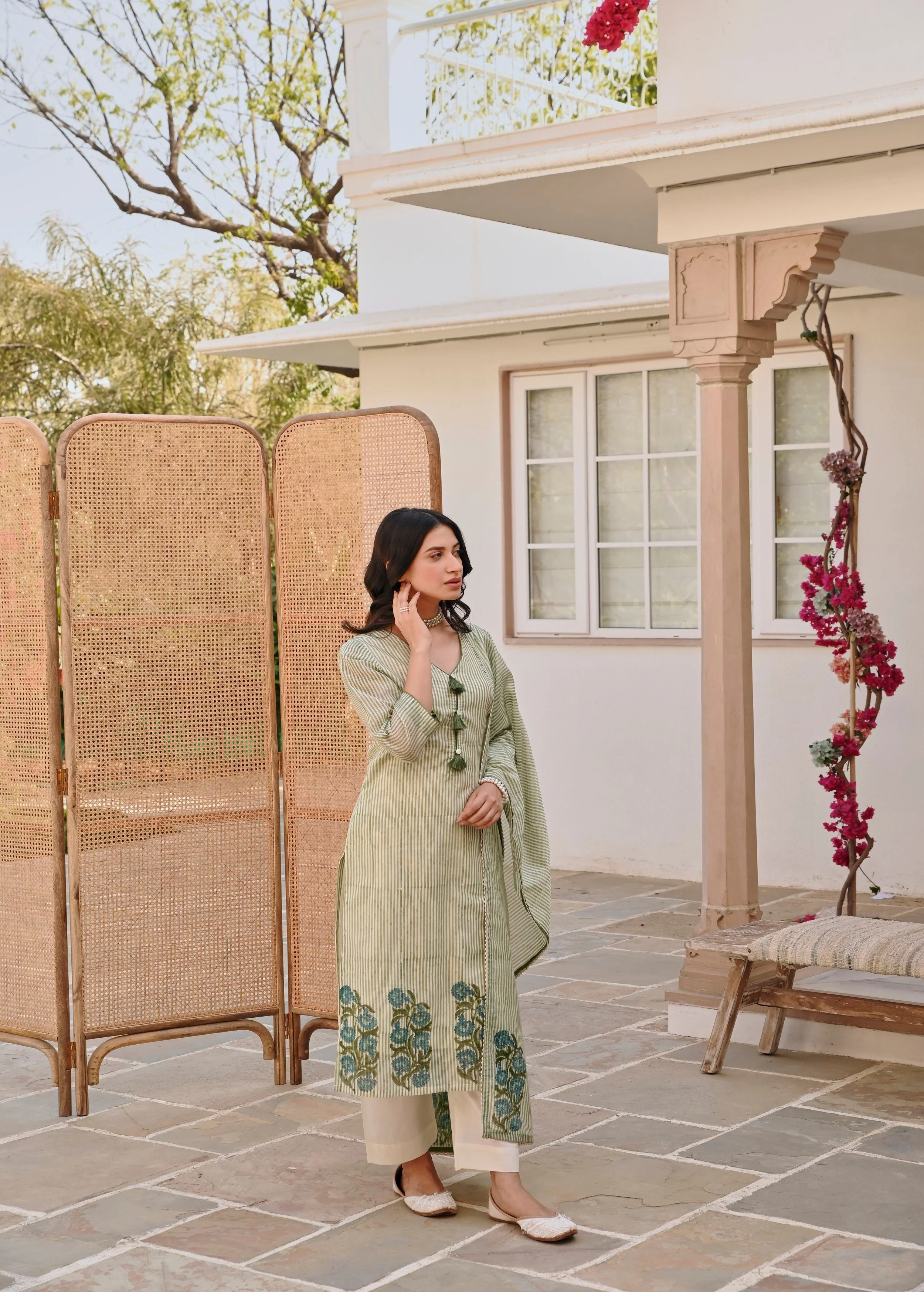 Pear Green Printed Chanderi Silk Pant Set - Image 6