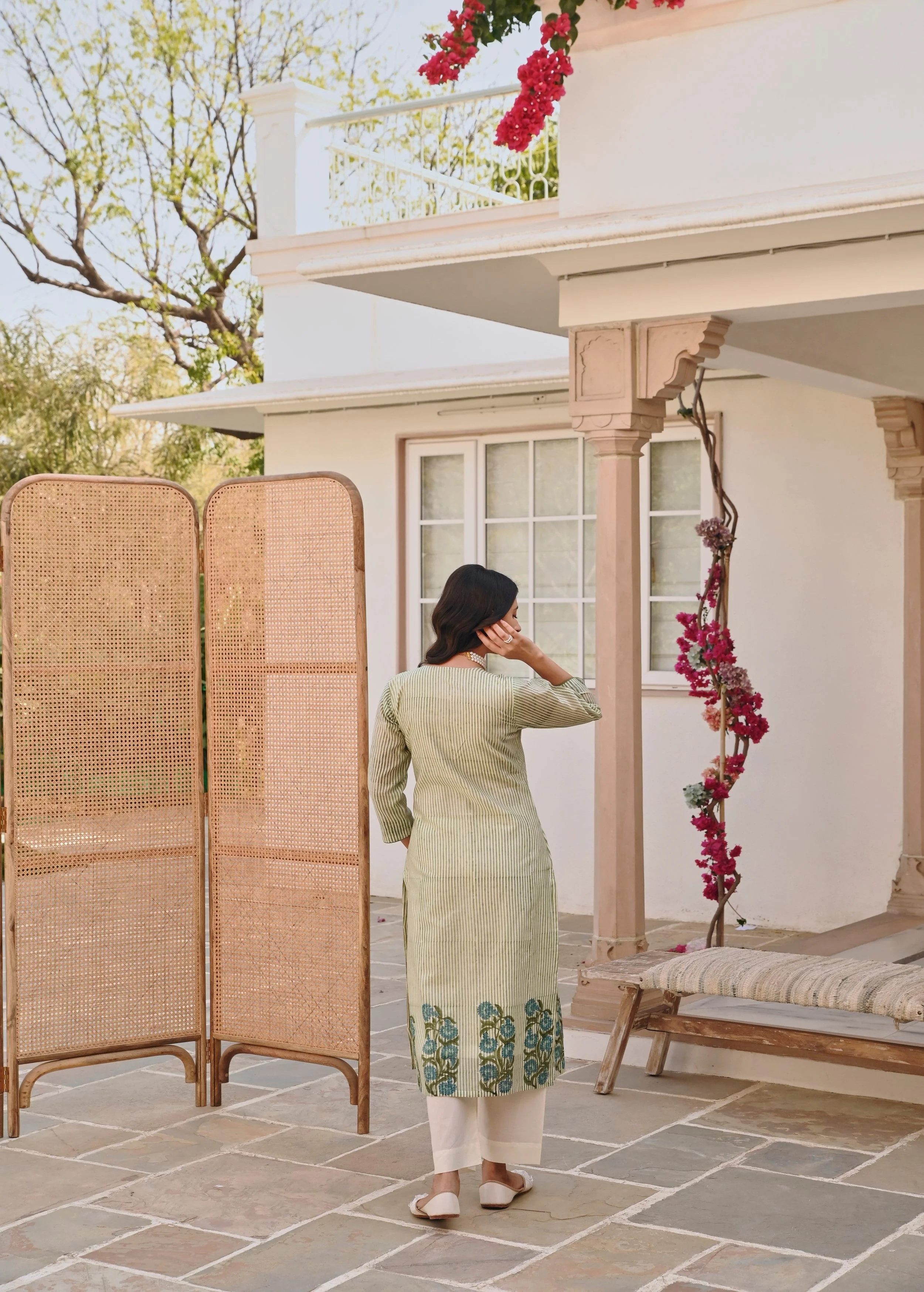 Pear Green Printed Chanderi Silk Pant Set - Image 7