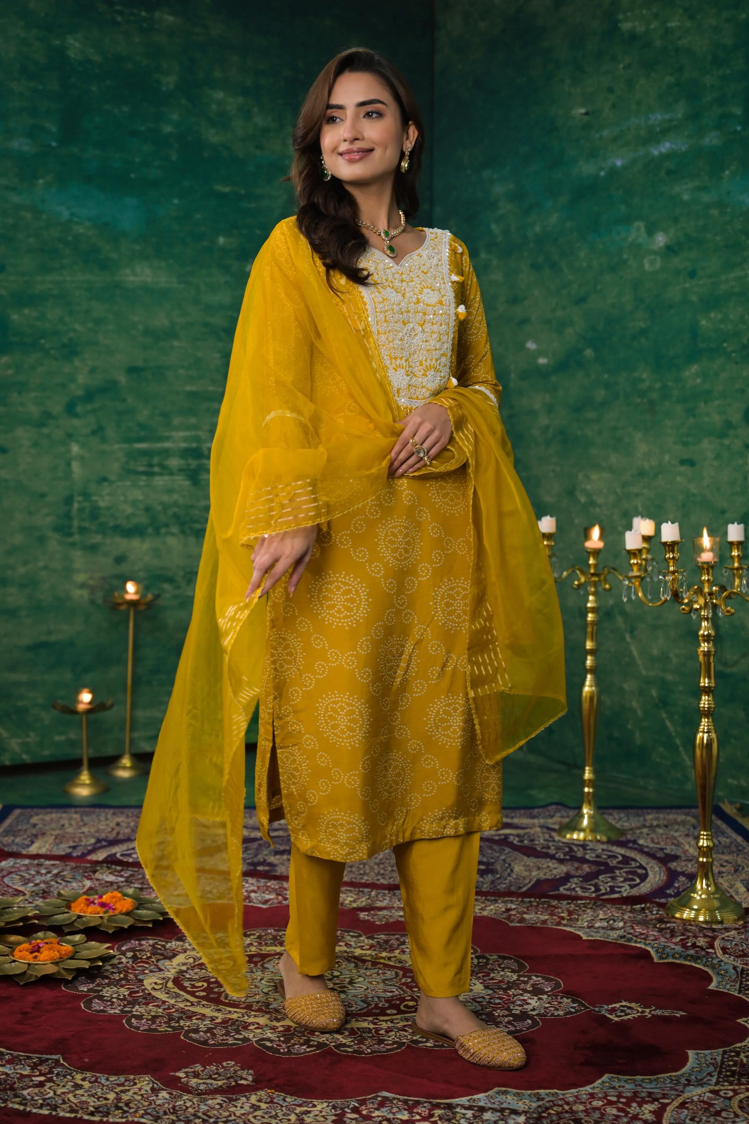 Pear Green Printed Raw Silk Pants Set - Image 3