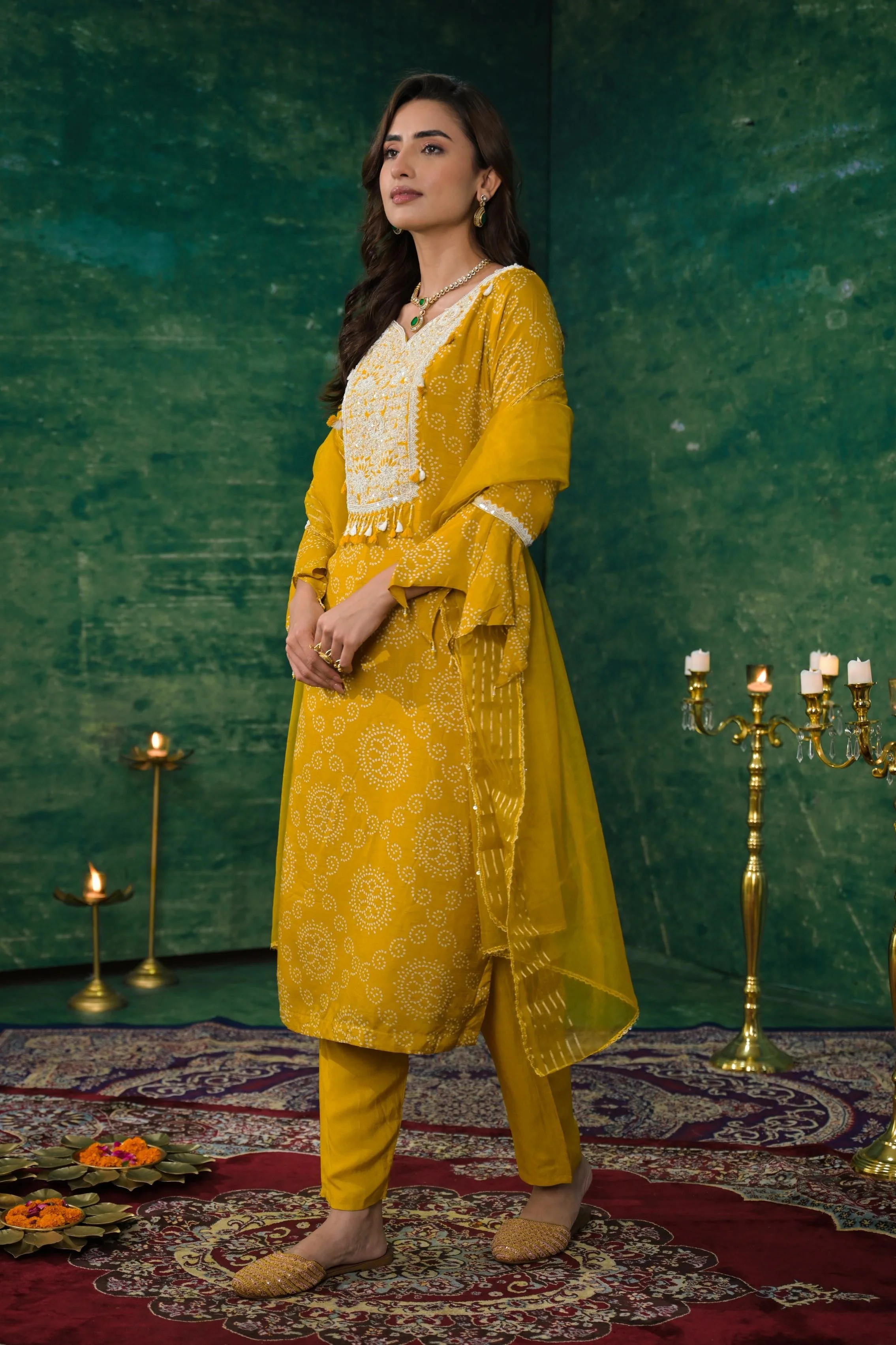 Pear Green Printed Raw Silk Pants Set - Image 4