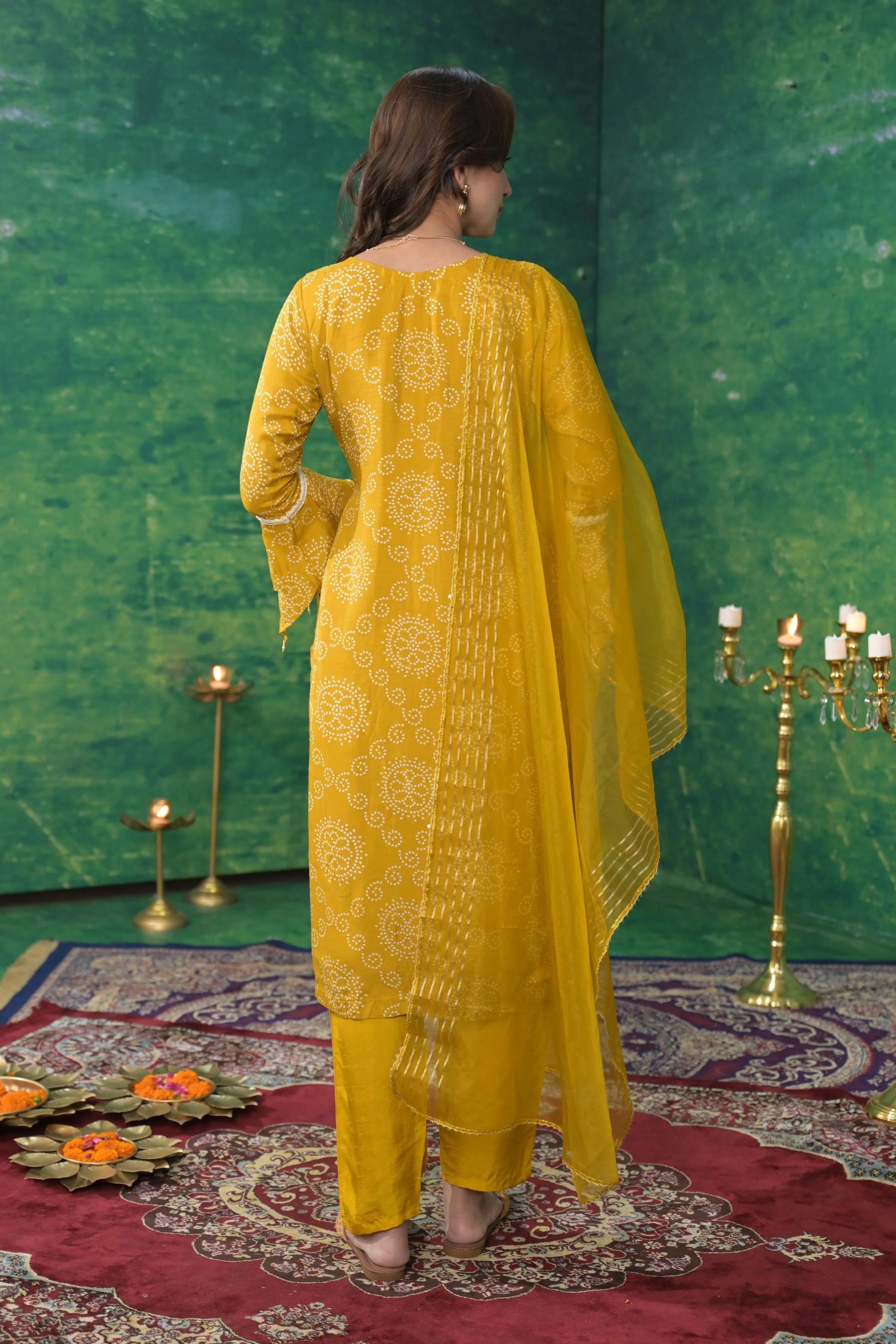 Pear Green Printed Raw Silk Pants Set - Image 5