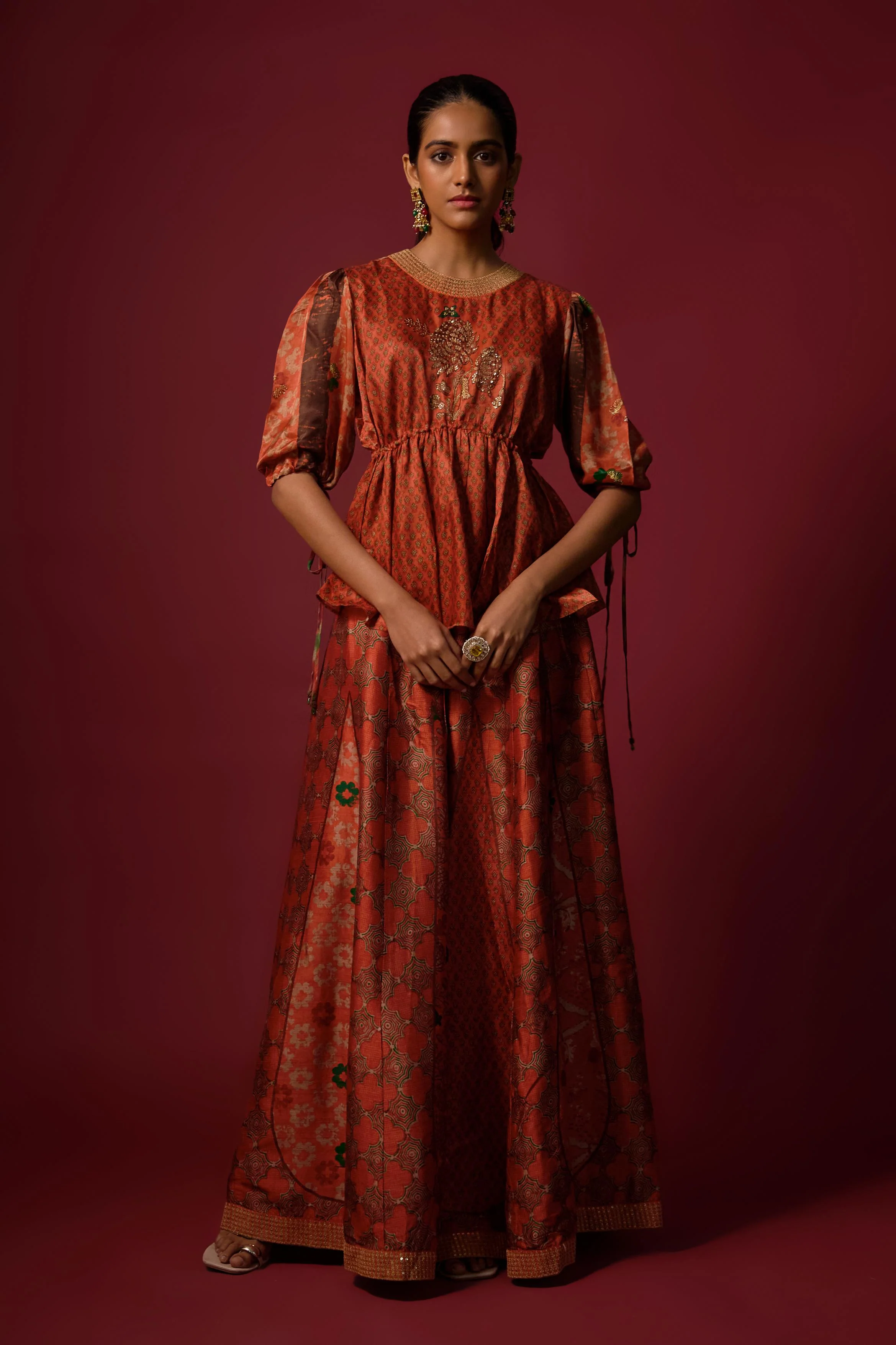 Orange Printed Slub Cotton Silk Tunic Co-Ord Set