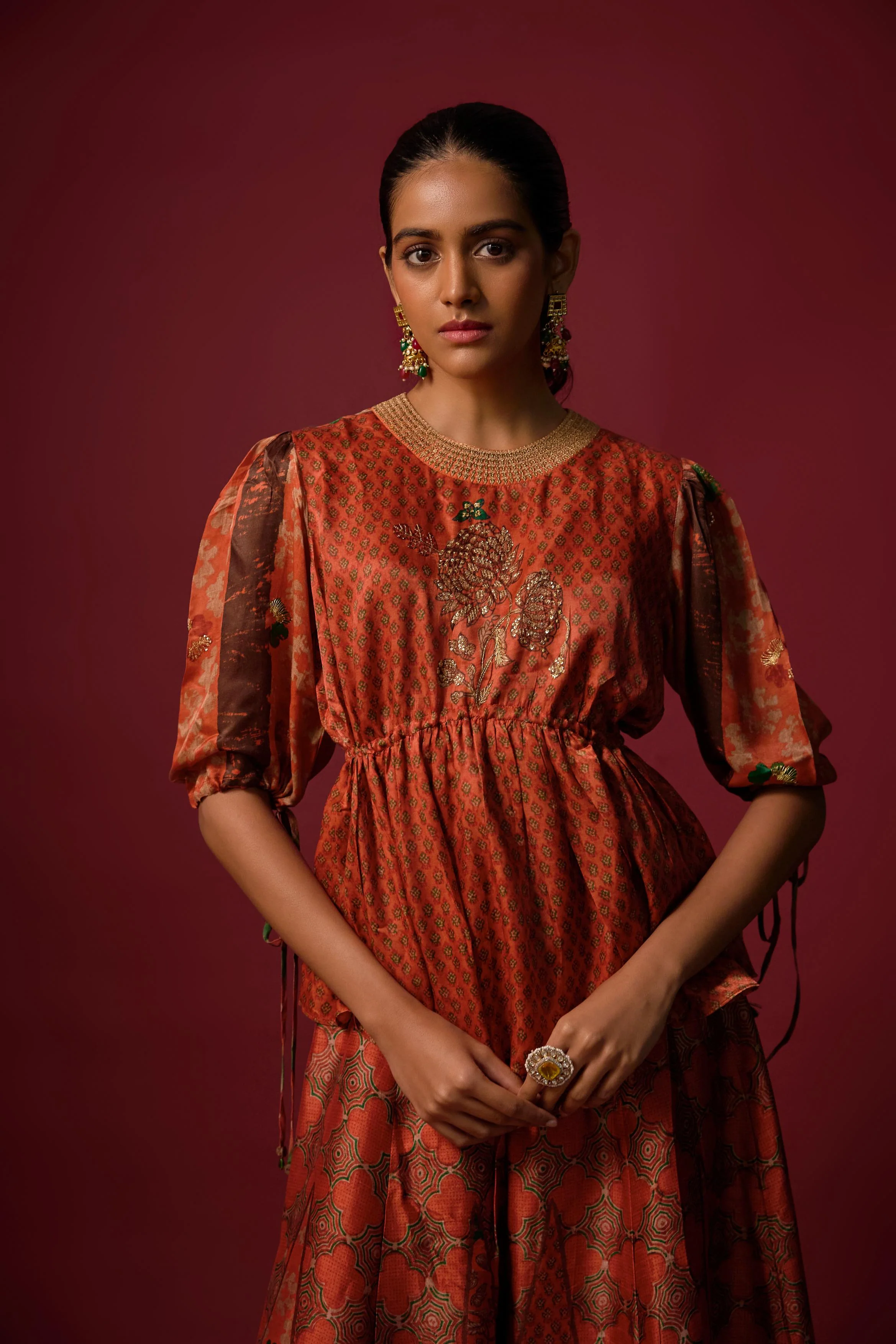 Orange Printed Slub Cotton Silk Tunic Co-Ord Set - Image 2