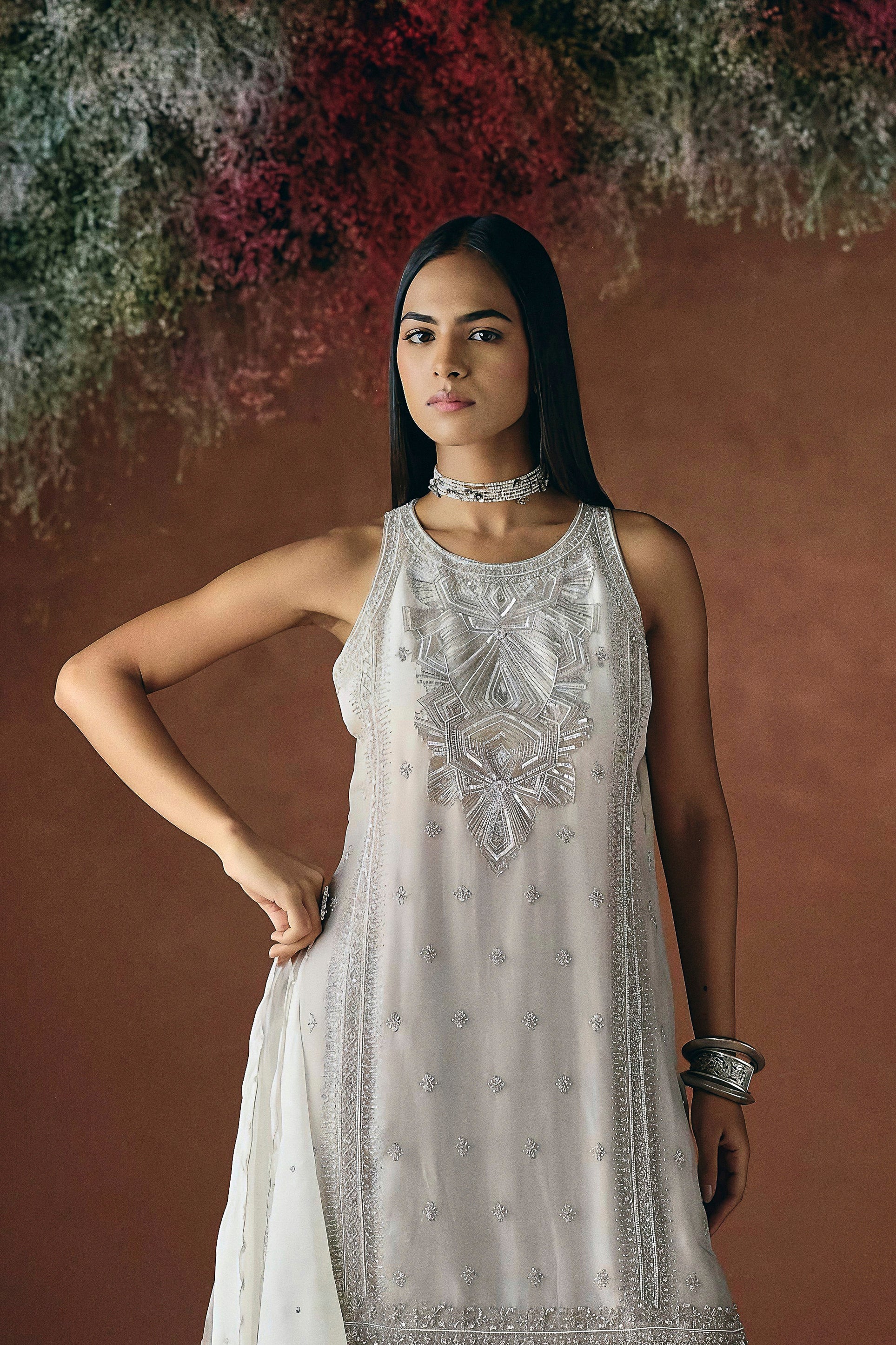 Pearl Ivory Embellished Soft Organza Palazzo Set - Image 3
