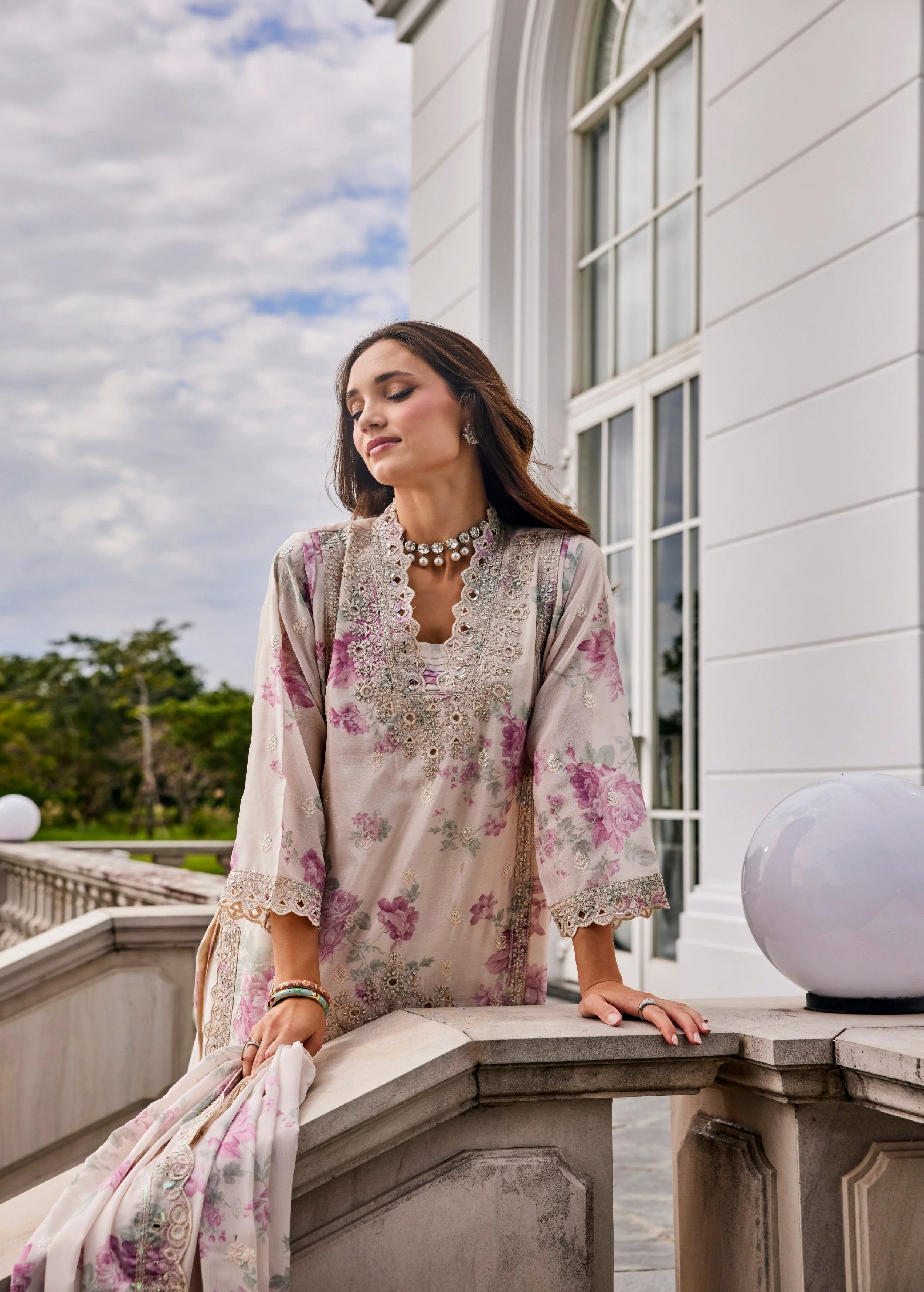 Pearl Ivory Embellished Crepe Silk Palazzo Set - Image 2