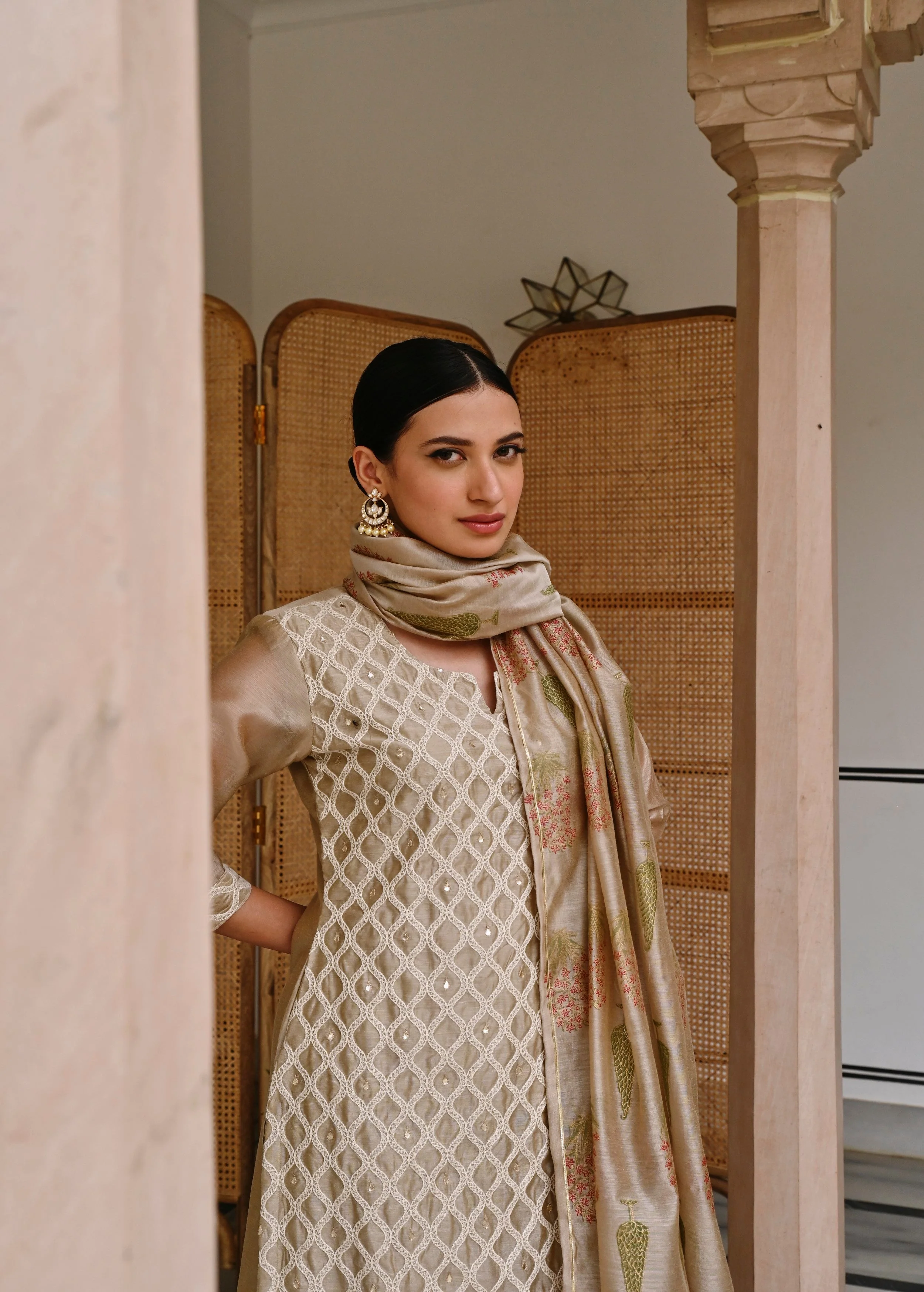 Beige Embroidered Chanderi Silk Pant Set - Image 2