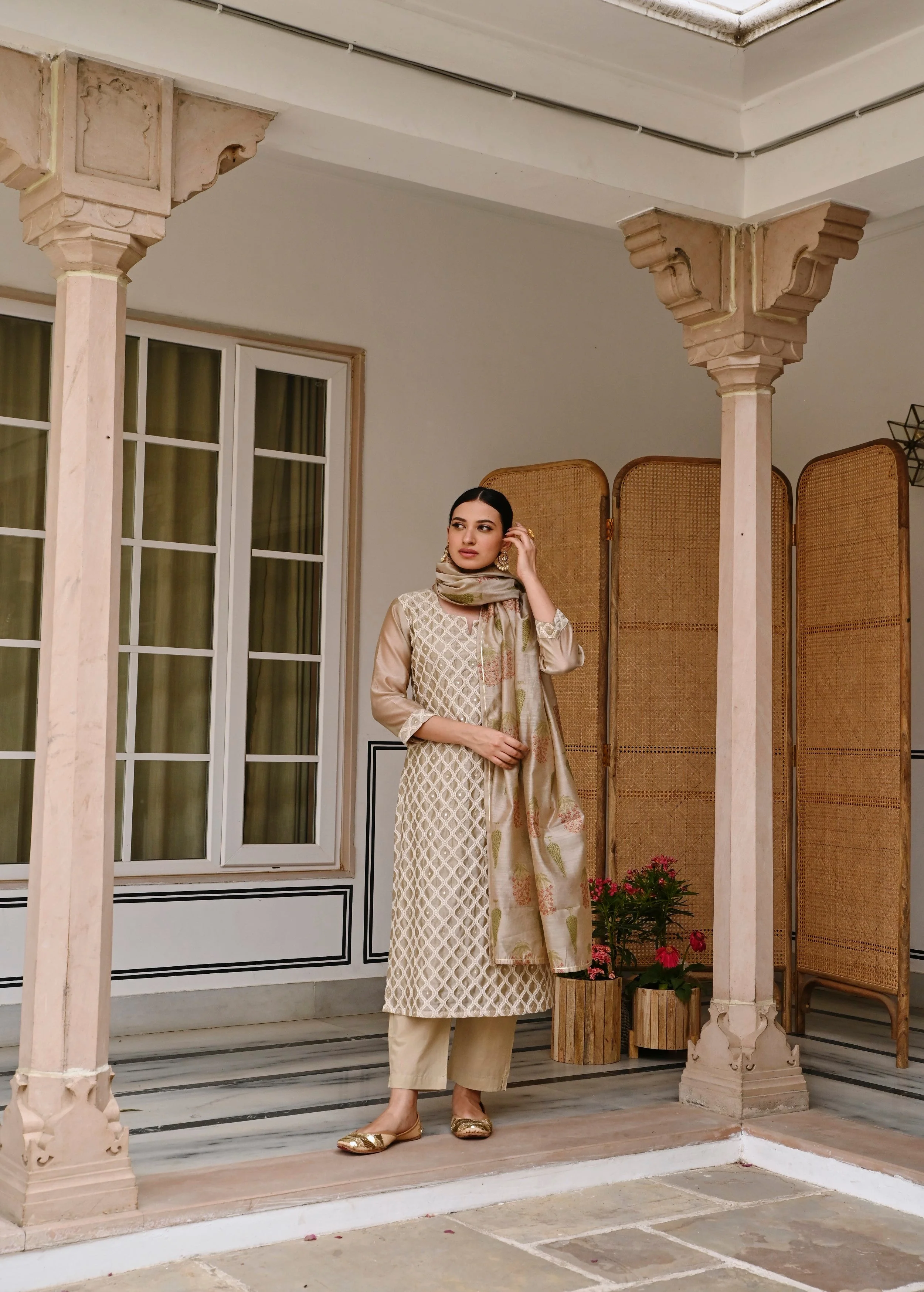Beige Embroidered Chanderi Silk Pant Set - Image 3