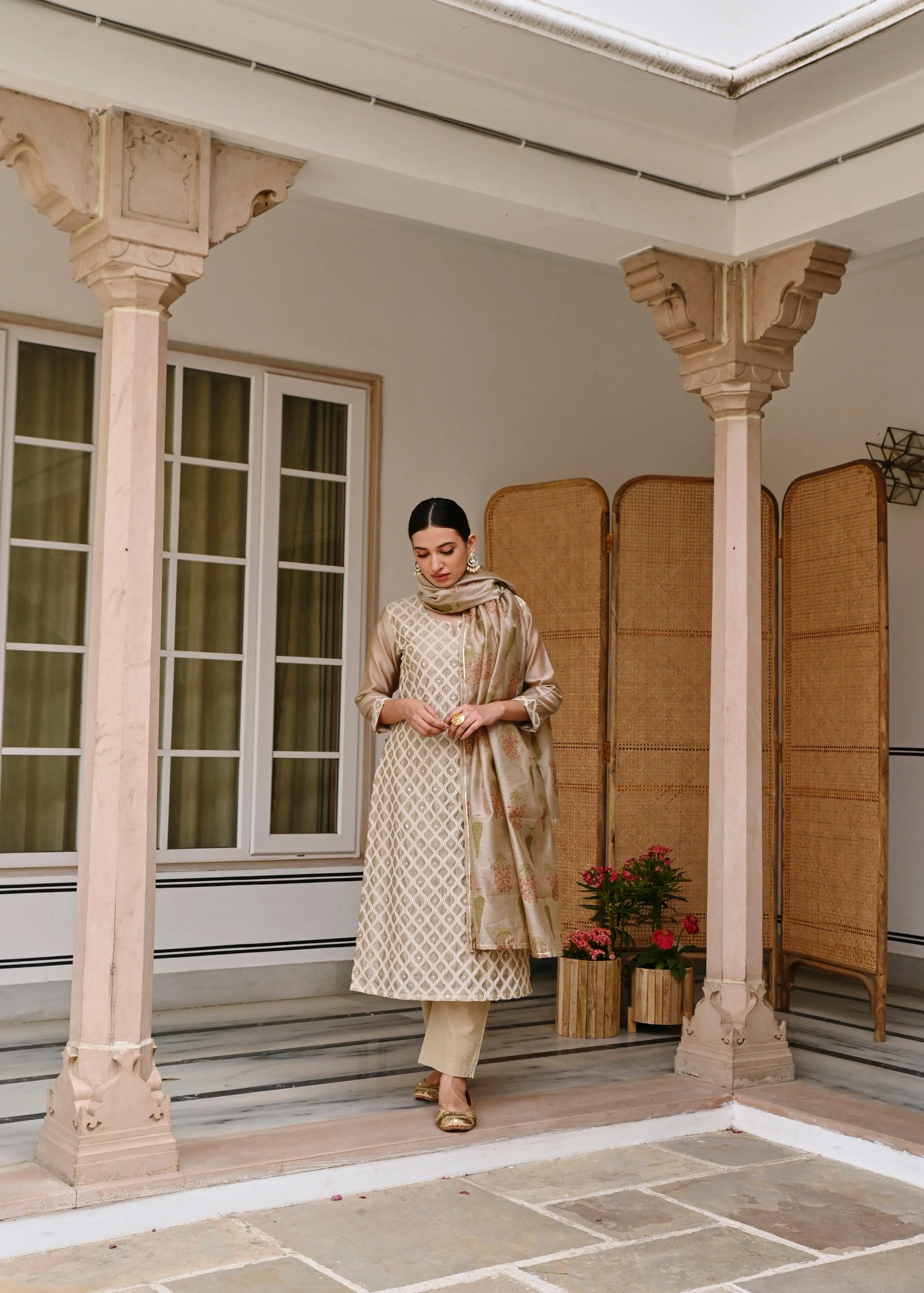 Beige Embroidered Chanderi Silk Pant Set - Image 4