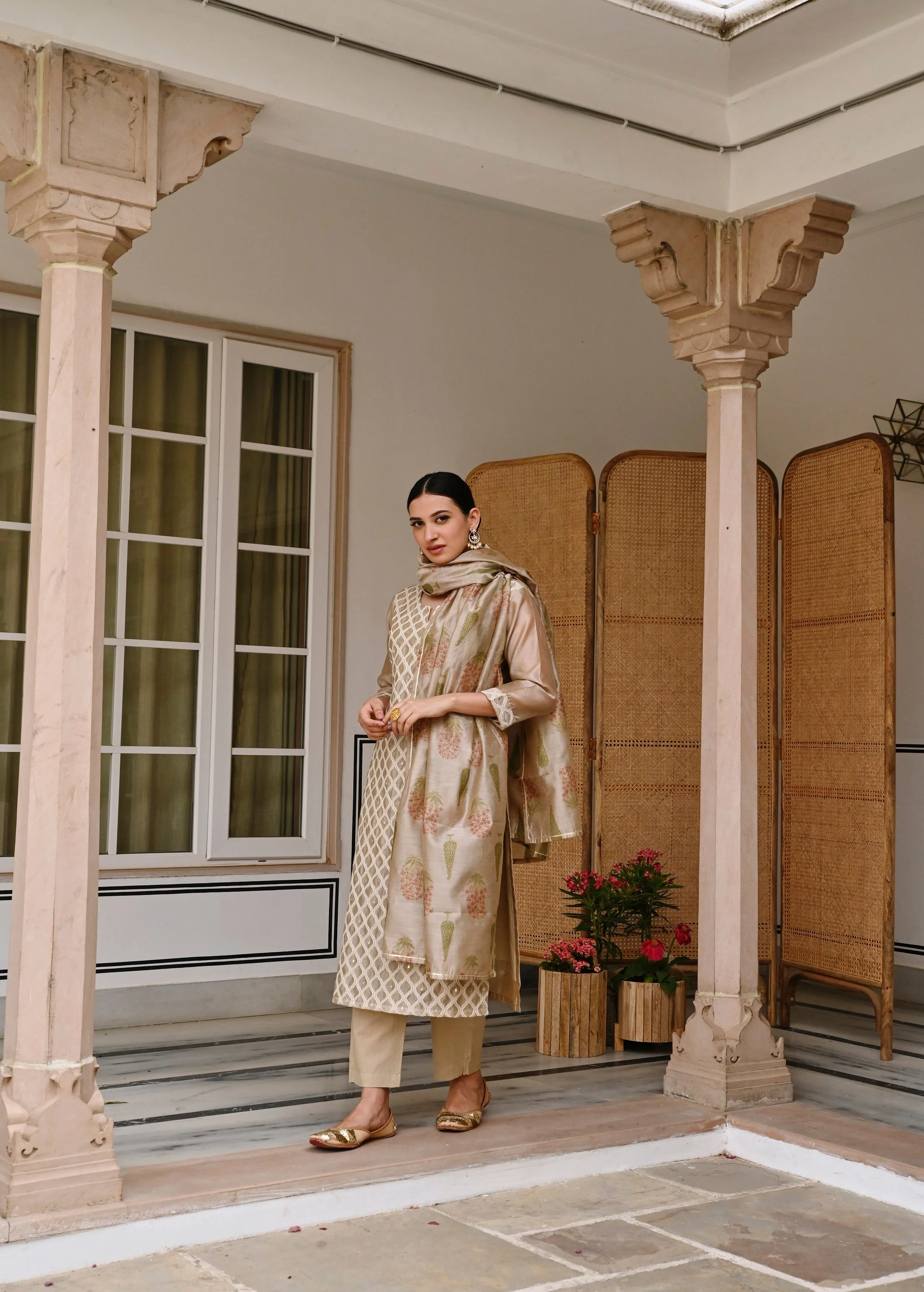 Beige Embroidered Chanderi Silk Pant Set - Image 5