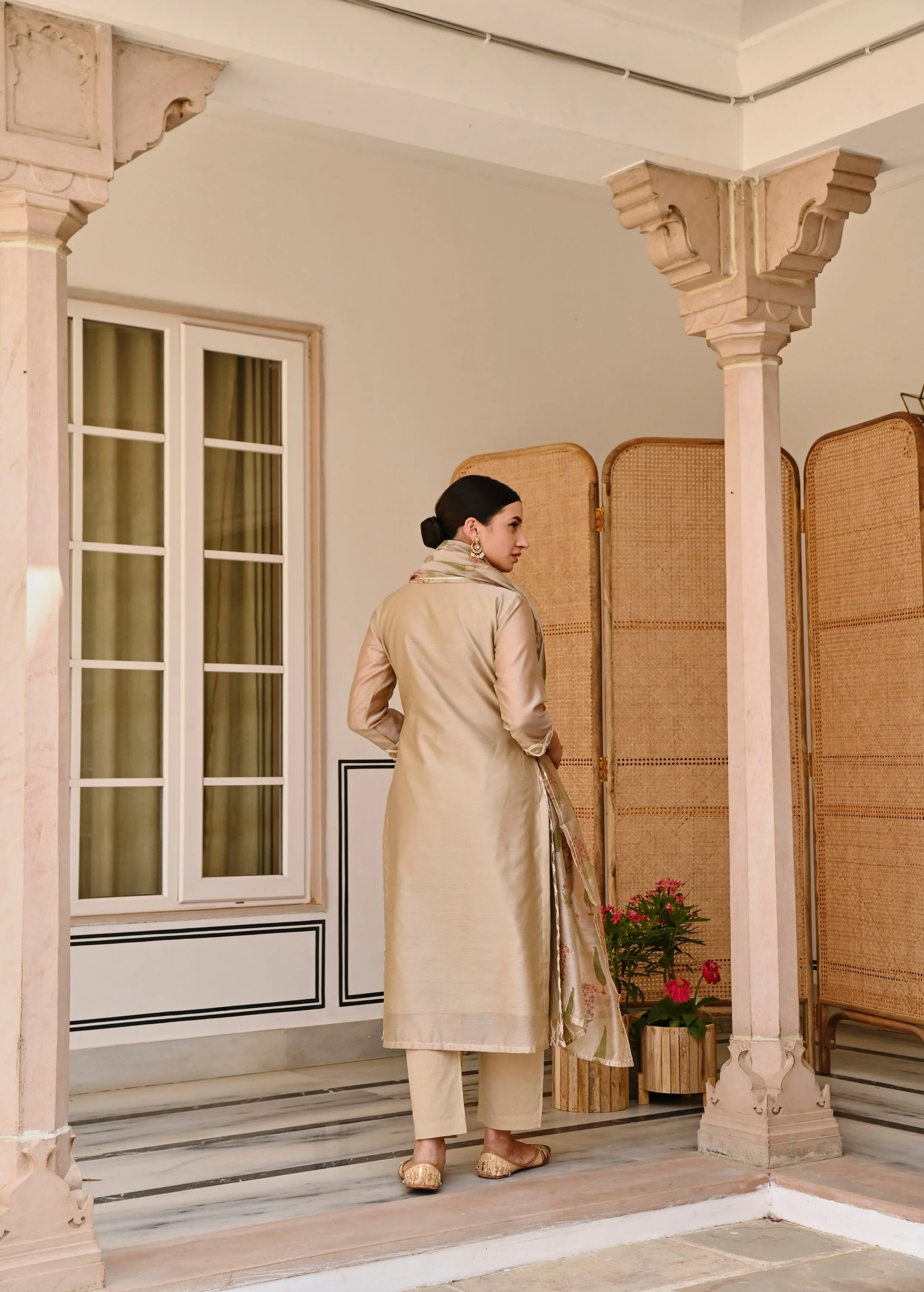 Beige Embroidered Chanderi Silk Pant Set - Image 6