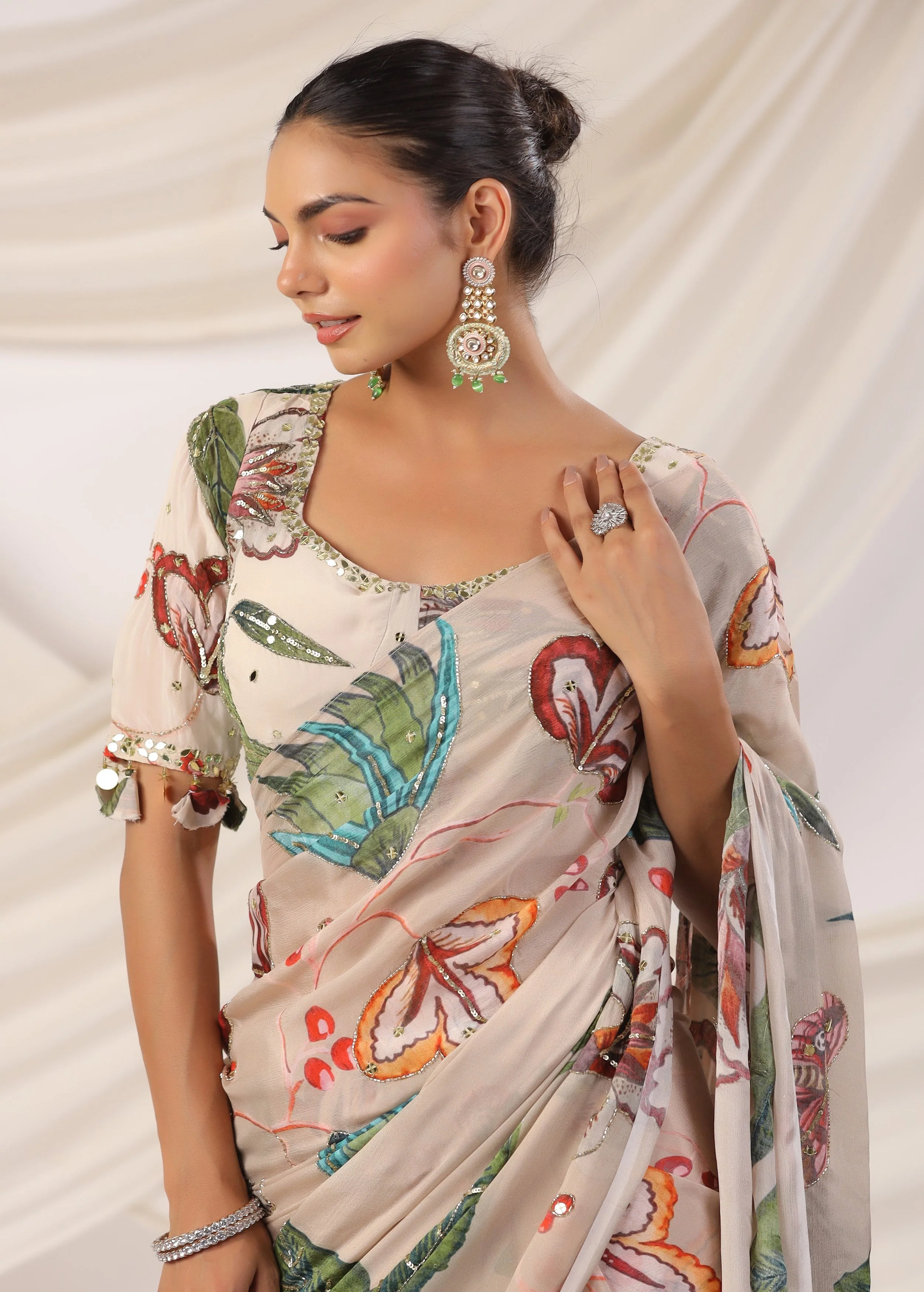 Pearl White Embellished Chinon Silk Saree - Image 2