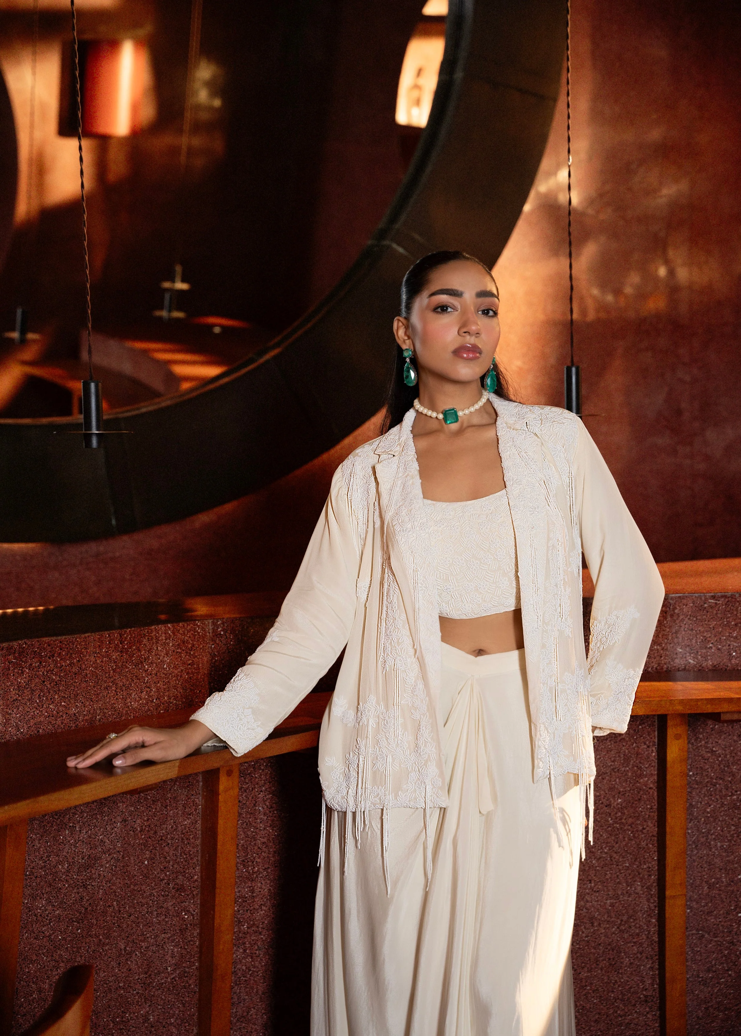 Pearl White Embellished Crepe Silk Skirt Jacket Set - Image 2