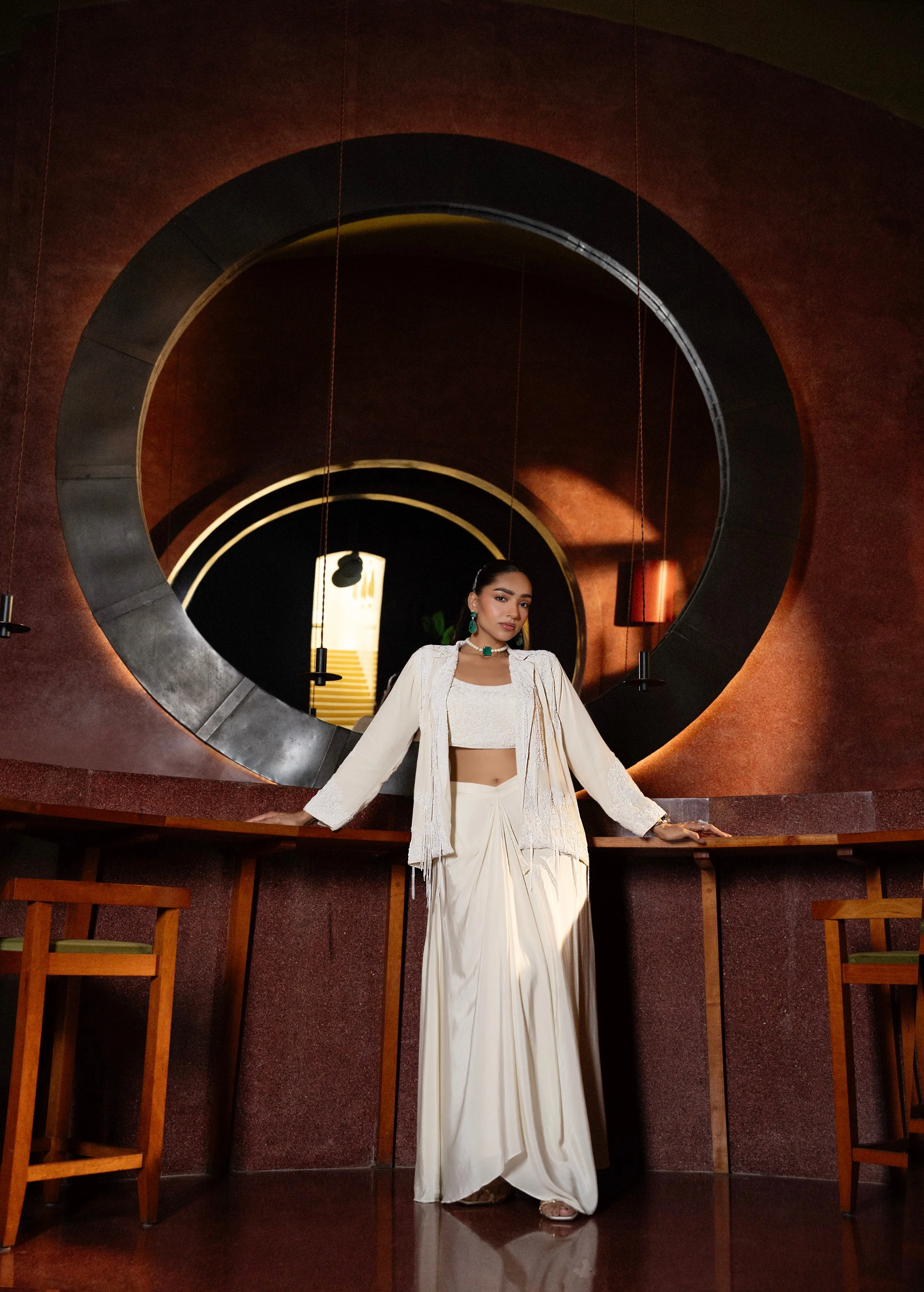 Pearl White Embellished Crepe Silk Skirt Jacket Set - Image 3