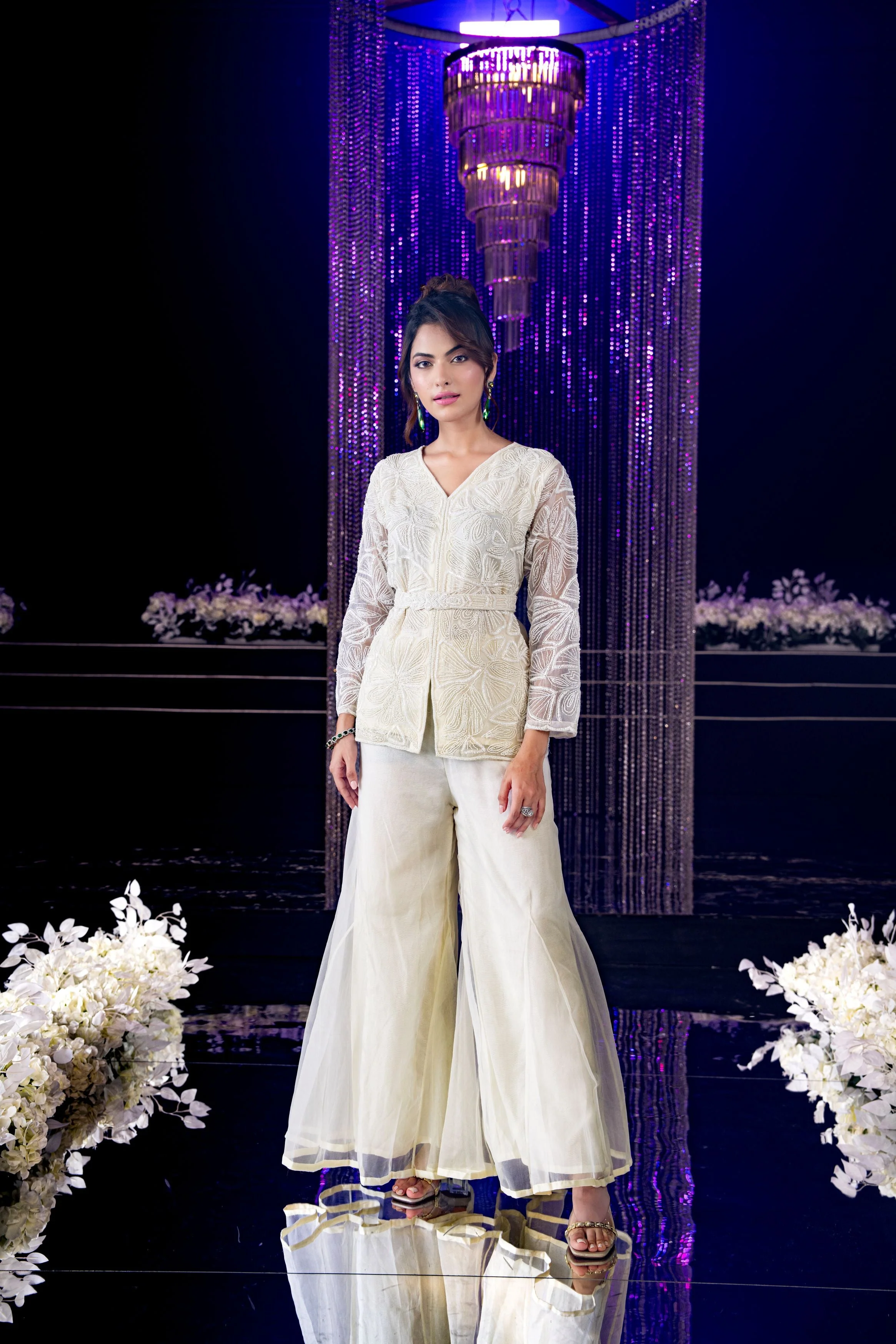 Pearl White Embellished Organza Silk Sharara Set - Image 2