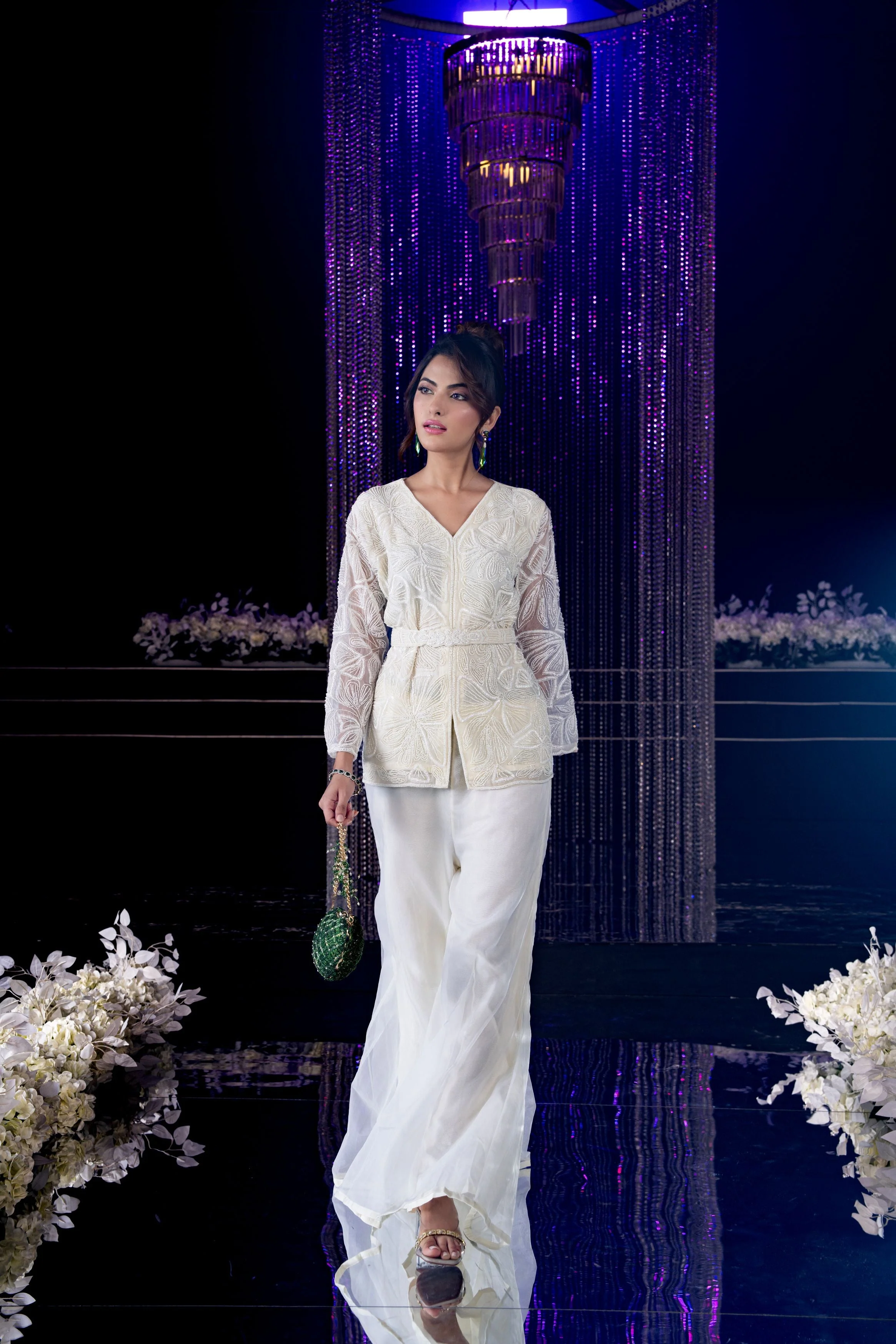 Pearl White Embellished Organza Silk Sharara Set - Image 3
