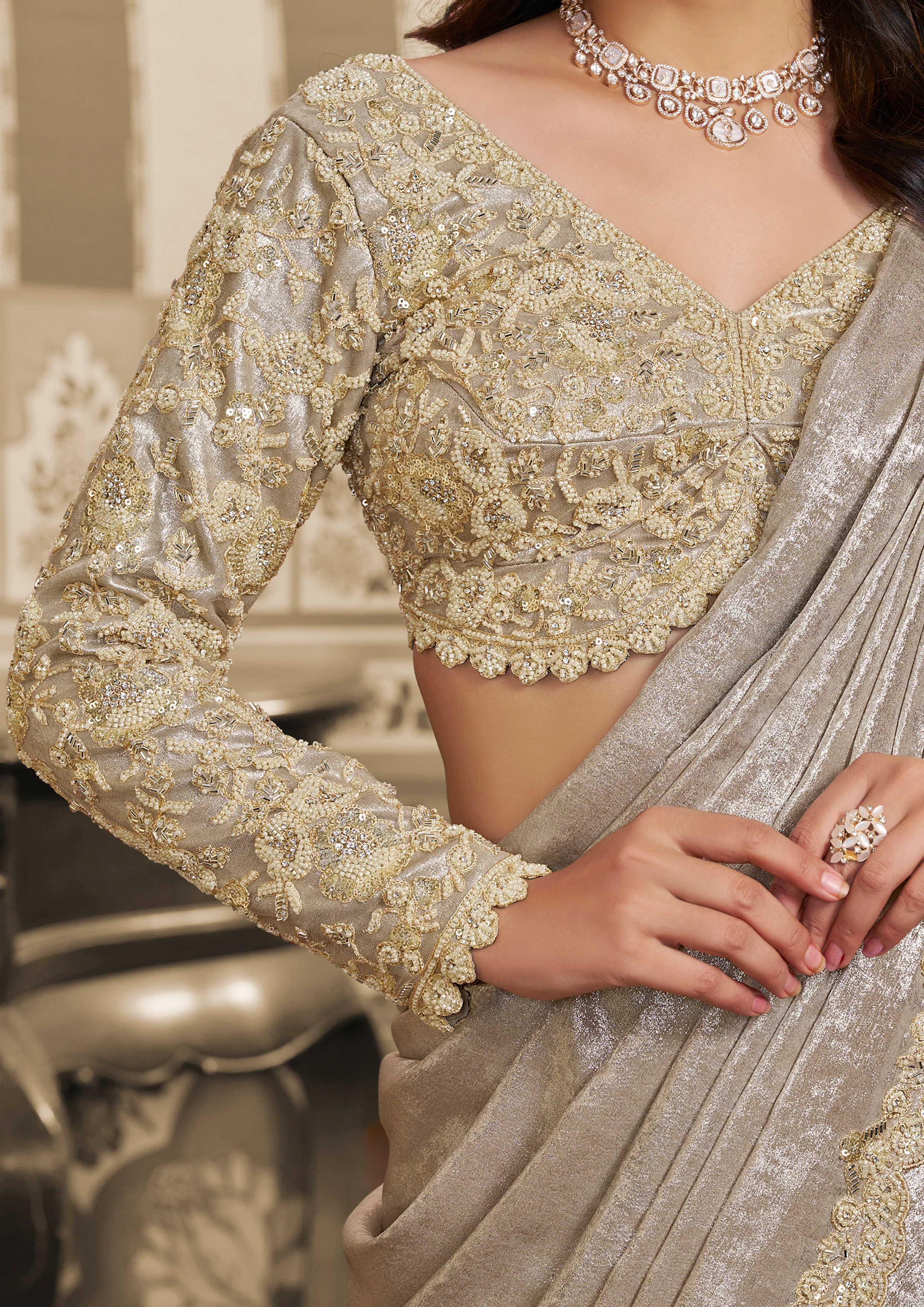Pearl White Embellished Satin Silk Lehenga Saree - Image 2