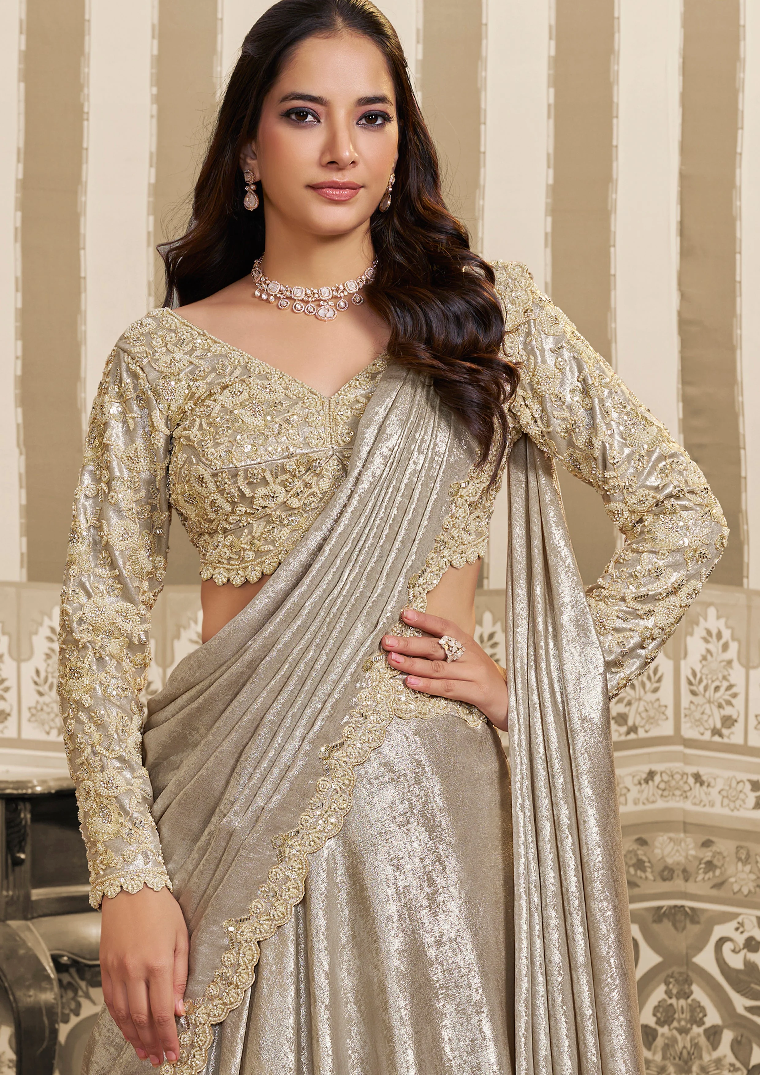 Pearl White Embellished Satin Silk Lehenga Saree - Image 4