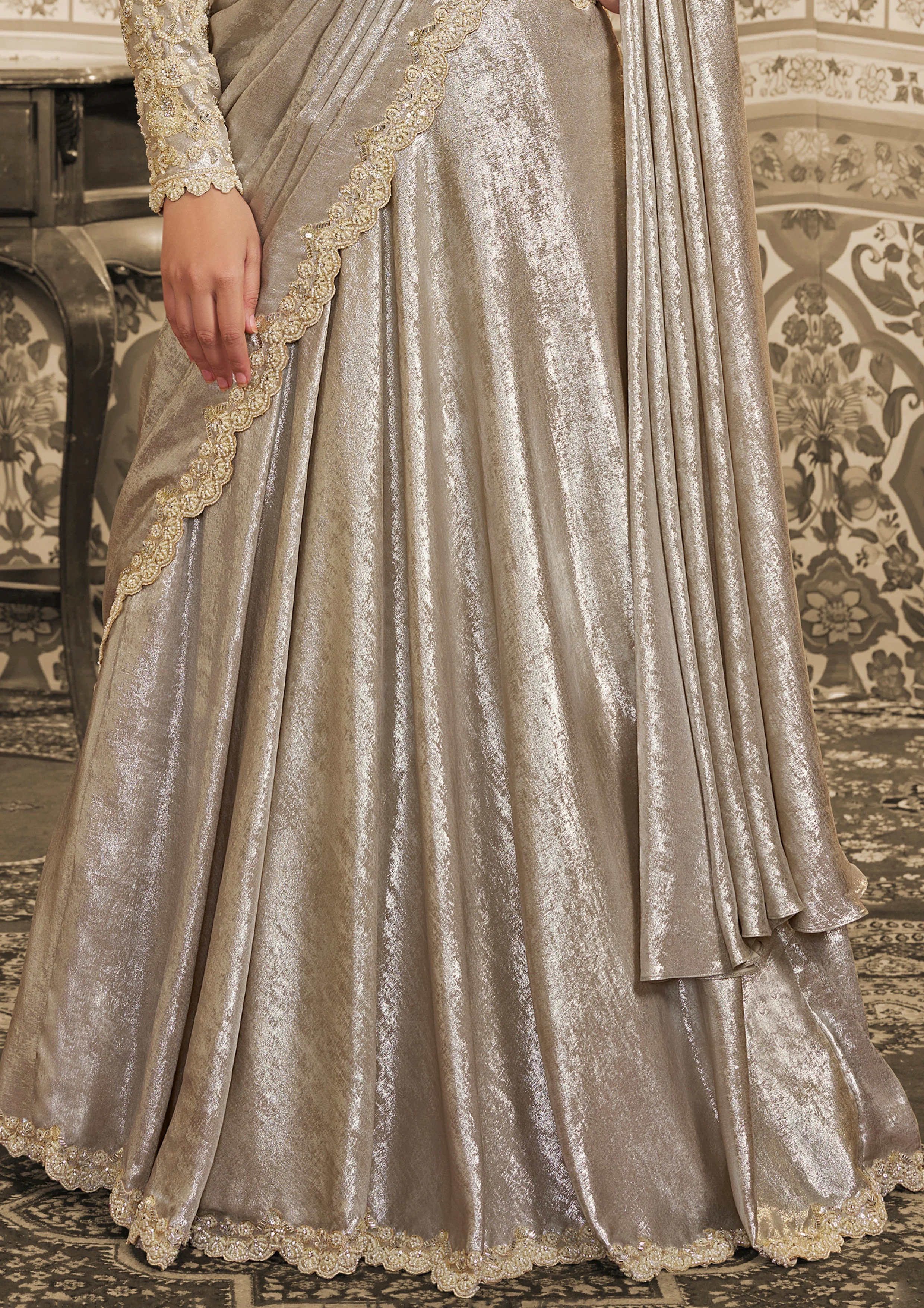 Pearl White Embellished Satin Silk Lehenga Saree - Image 6