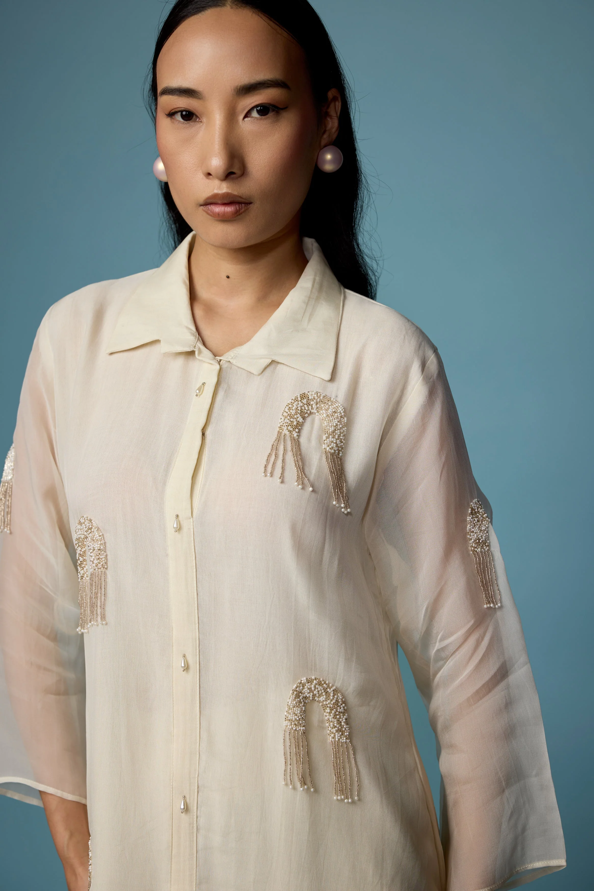 Pearl White Embellished Soft Organza Silk Co-Ord Set - Image 2