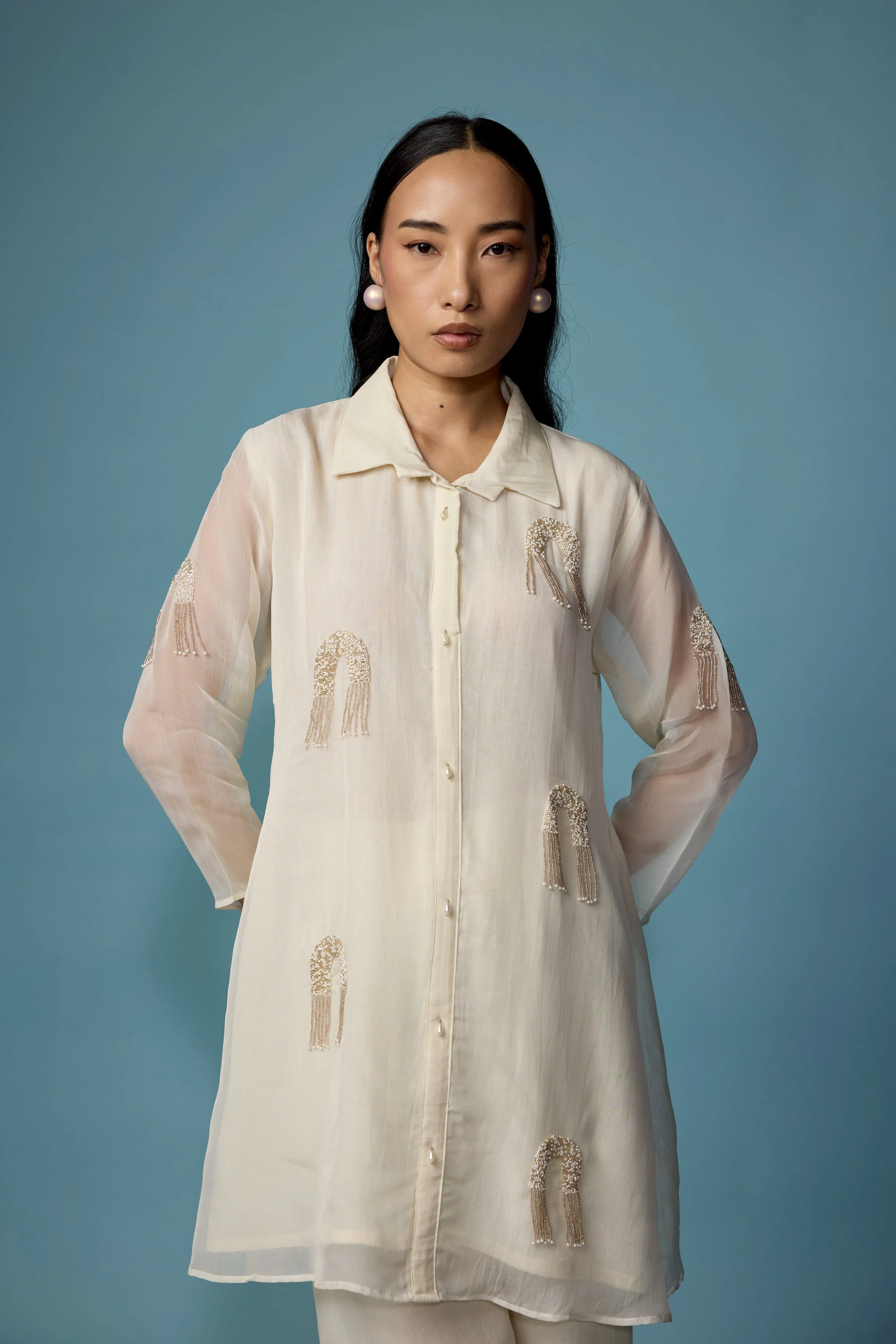 Pearl White Embellished Soft Organza Silk Co-Ord Set - Image 3